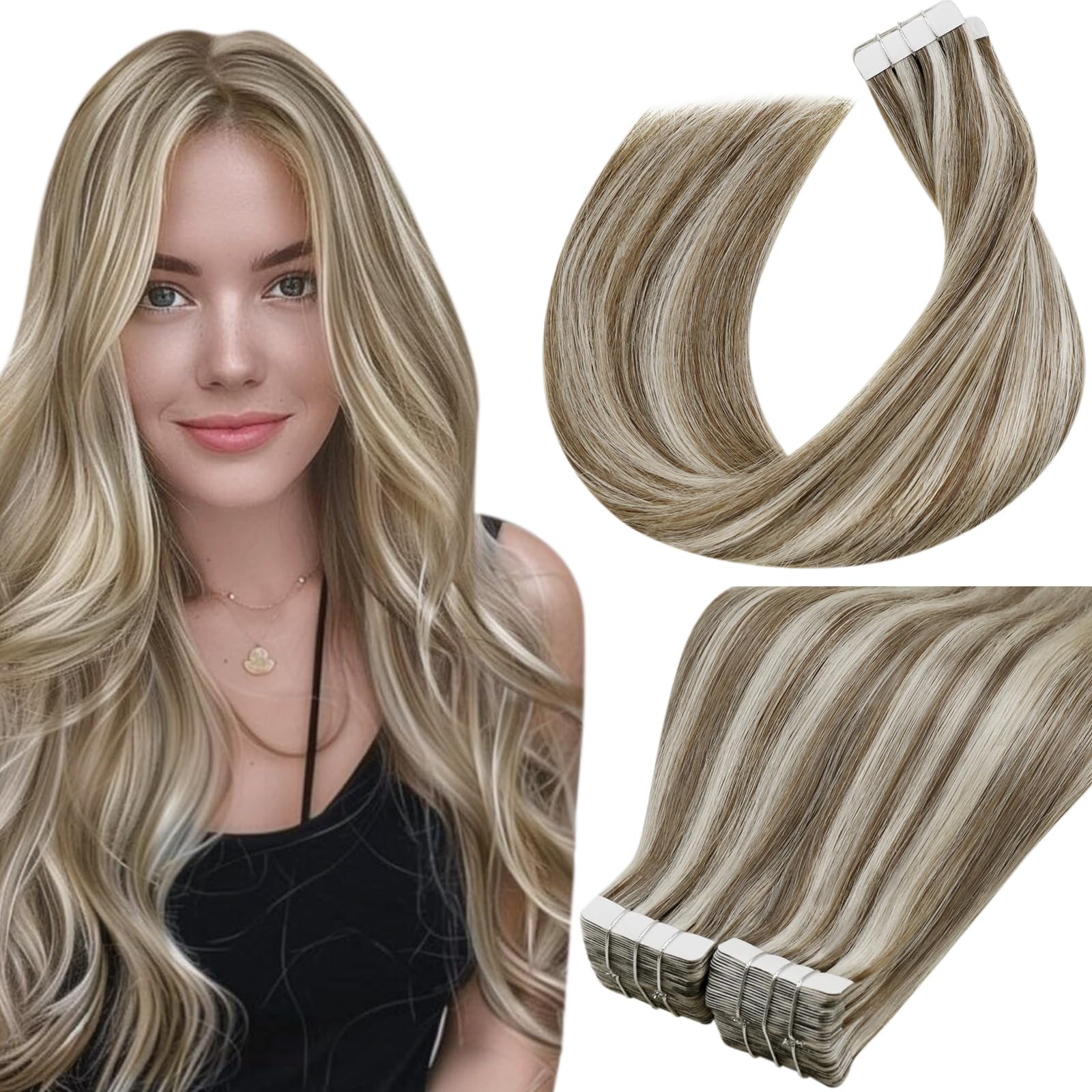 LaaVoo Tape in Hair Extensions Human Hair 100g Tape Hair Extensions Real Human Hair Highlight Light Brown & Blonde Invisible Tapes Remy Straight Hair Double Sided Tabs 40pcs 20 Inch #p8/24