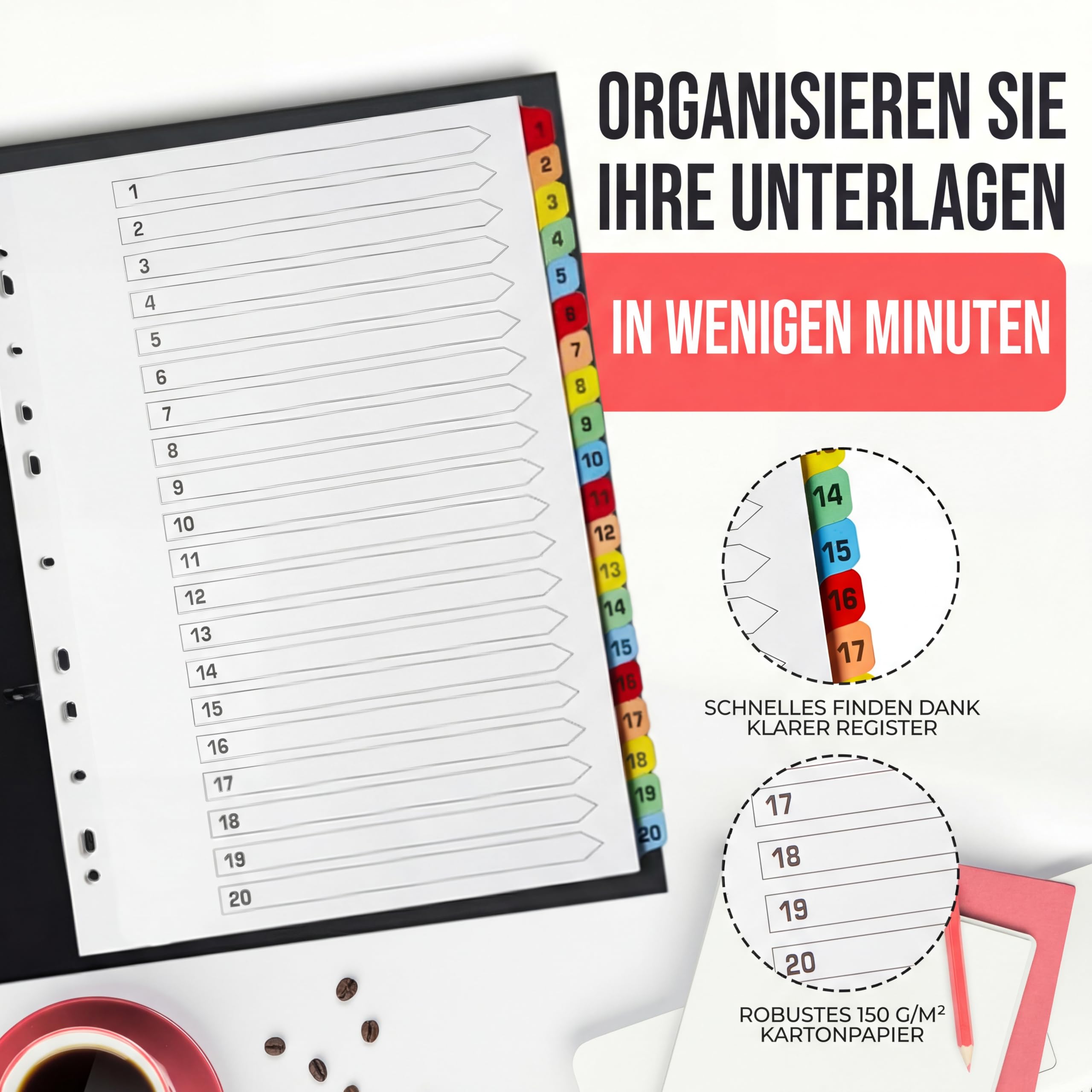 The Paper Shop A4 Ordner Register Unterteiler Hochformat 150 g/m² | 10 Pack | 20-Teilig Nummeriert 1-20 | Mehrfach Gelocht | Verstärkte Farbige Tabs Für Büro Schule Archiv Organisation