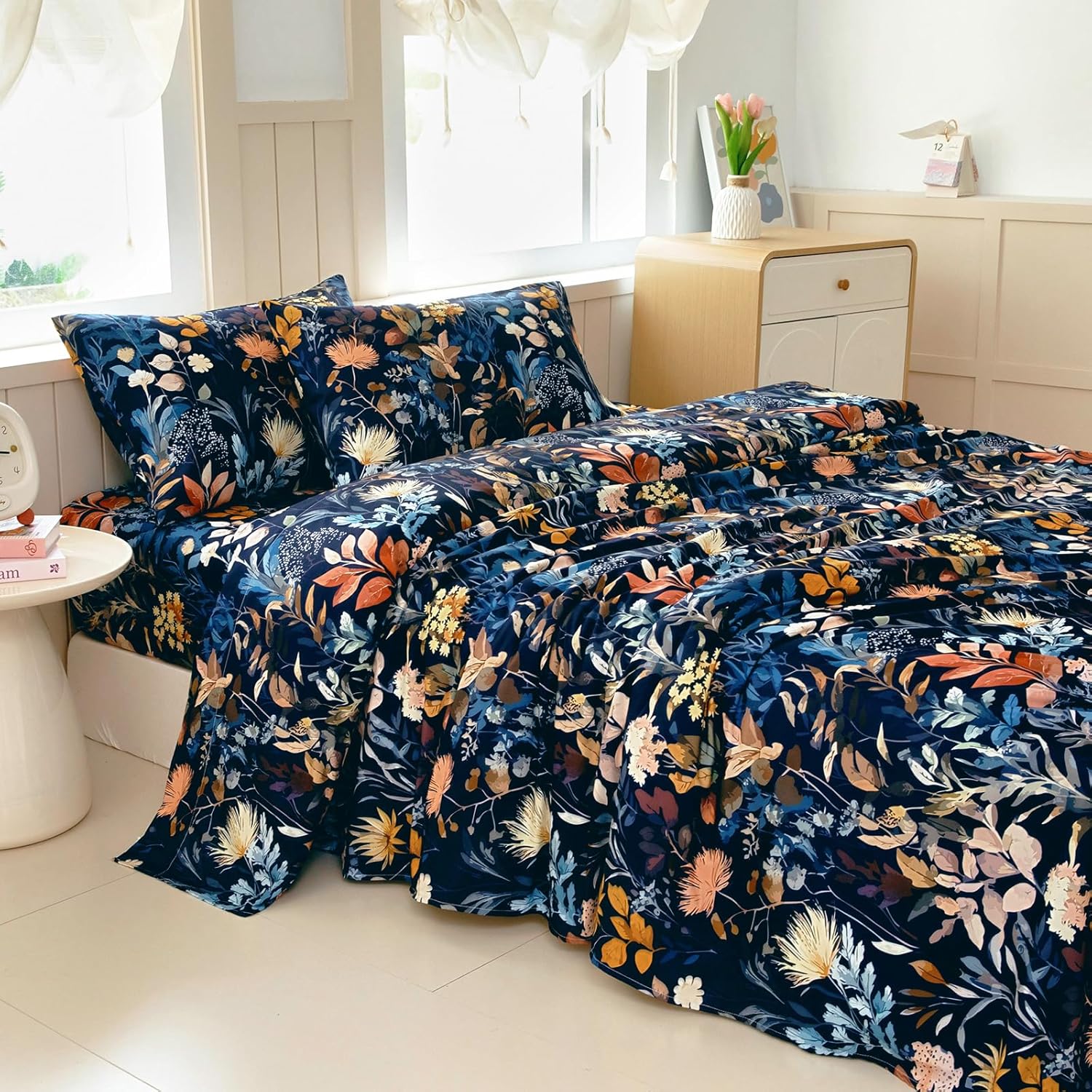 MICORAL Boho Floral Queen Sheet Set, 4-Piece Printed Botanical Bed Sheets, 16" Deep Pocket, Ultra Soft & Cooling Sheet, Oeko-TEX Certified, Midnight Blooms - Image 2