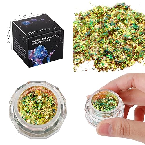 Miniatura 5 de DE'LANCI Sombra de ojos holográfica con purpurina en copos multicromos, pigmento de sombra de ojos camaleón, bosque esmeralda, maquillaje de ojos