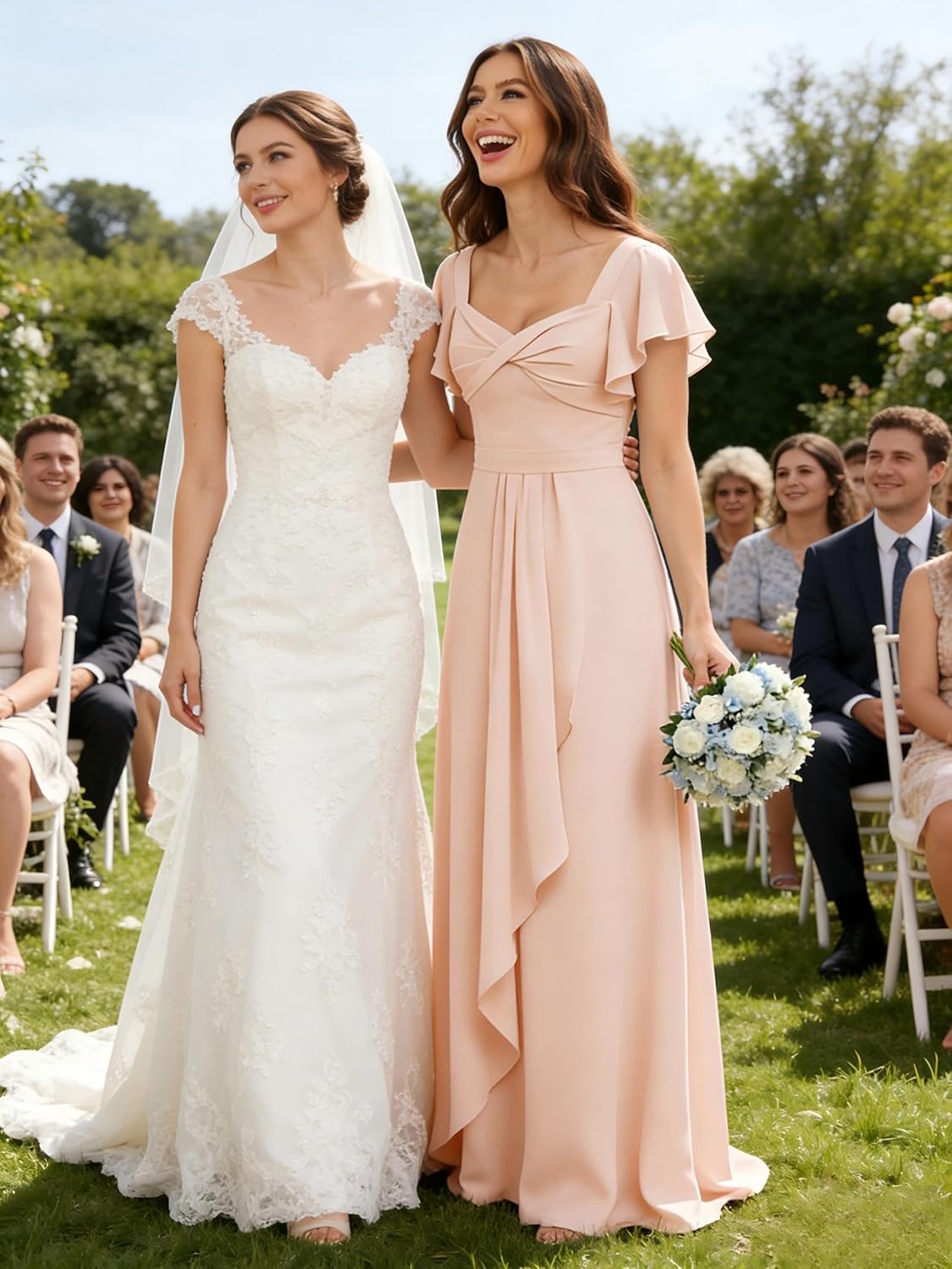 Long Chiffon Bridesmaid Dress 2025 Short Sleeves Formal Dress GOGM001