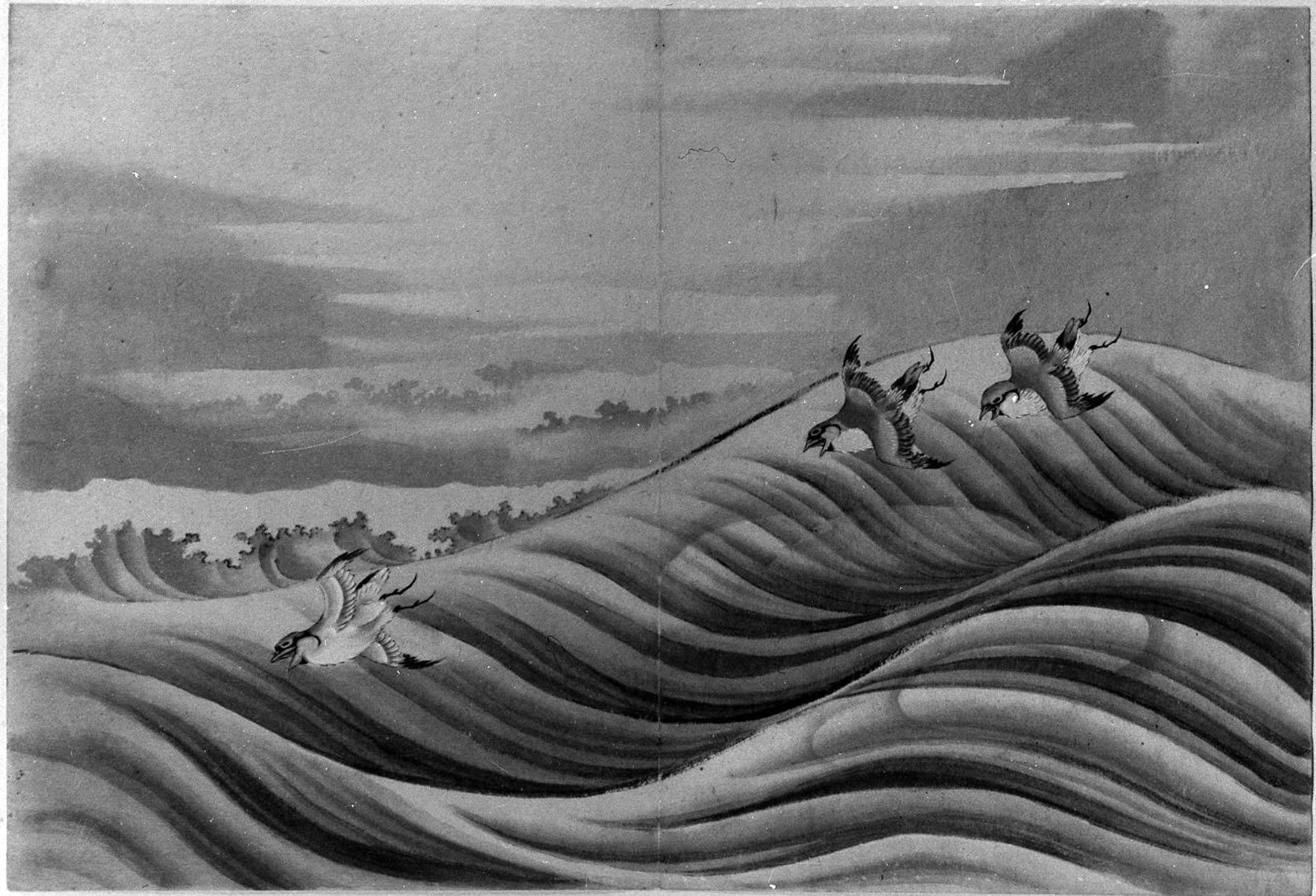 Lámina de Hokusai de olas y pájaros en formato pequeño y papel mate sin marco