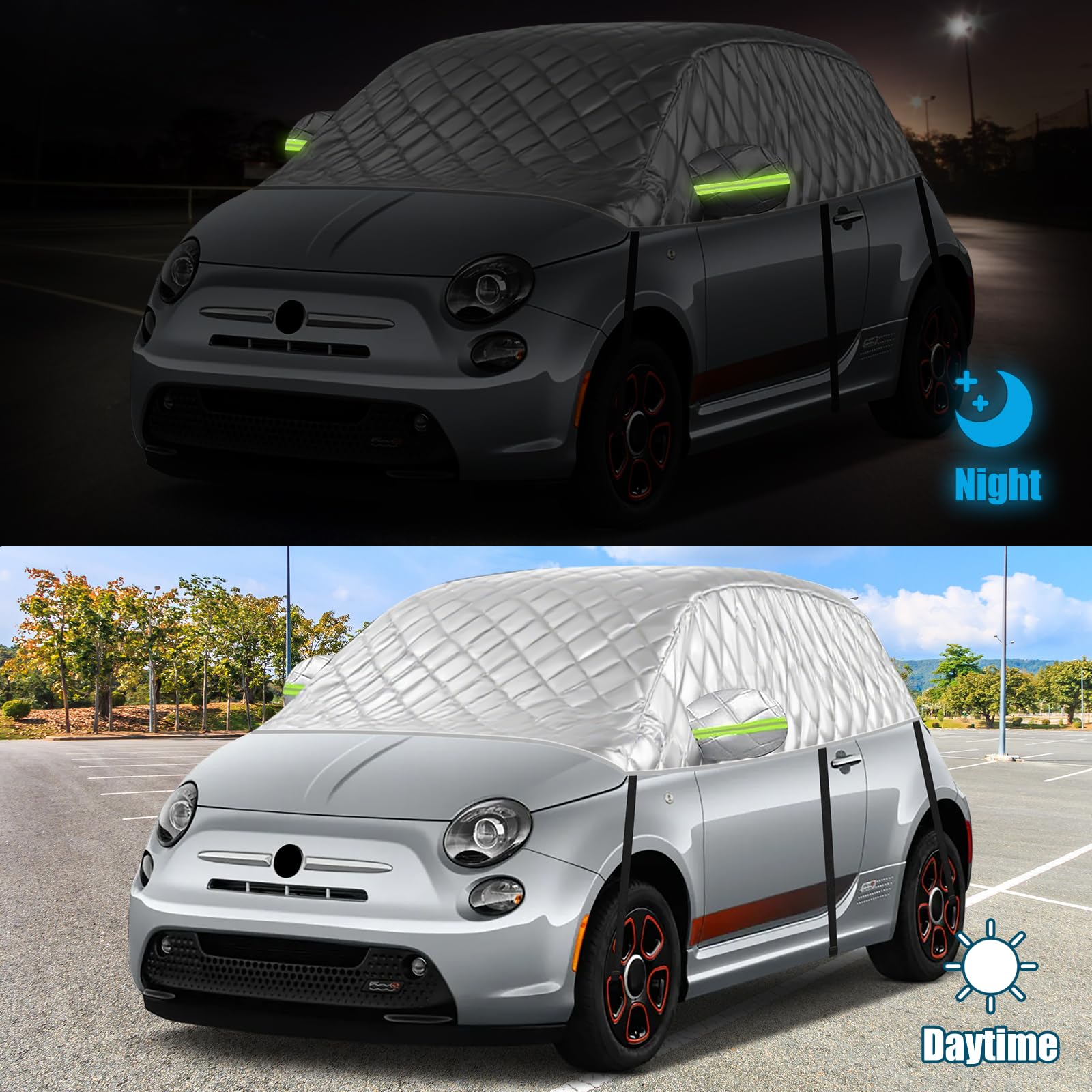 Halbe Autoabdeckung Schrägheck Universalmodell 300X150X49cm, Verdickte Halbgarage Wasserdicht Ersatz für FIAT 500/Abarth 595, für Up/Seat MII, für Picanto/Citroen C1, Anti-Hagel und Anti-Schnee
