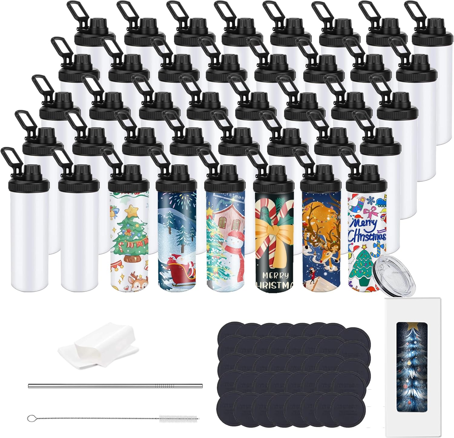 20oz sublimation sport tumblers blanks with two lids ，flat edge sublimation tumblers，double wall stainless steel insulted cup，for Heat Transfer, White (8, with flex handle lid)