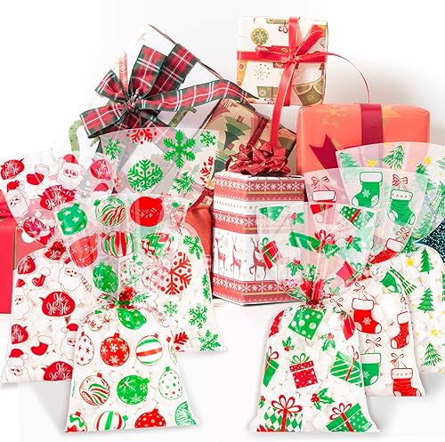 Miniatura 6 de Whaline 150 bolsas de celofán de Navidad – 6 diseños con lazo giratorio para golosinas – Muñeco de nieve, árbol de Navidad, regalo, copo de nieve,