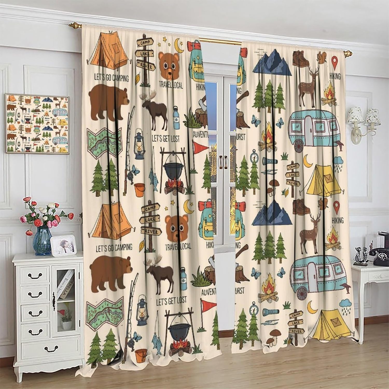 Camper Curtains,Farmhouse Camping Tent with Trees Animal Bear Forest Theme Kids Nursery Bedroom Living Room Bathroom Window Treatments 42x54Inch Blackout