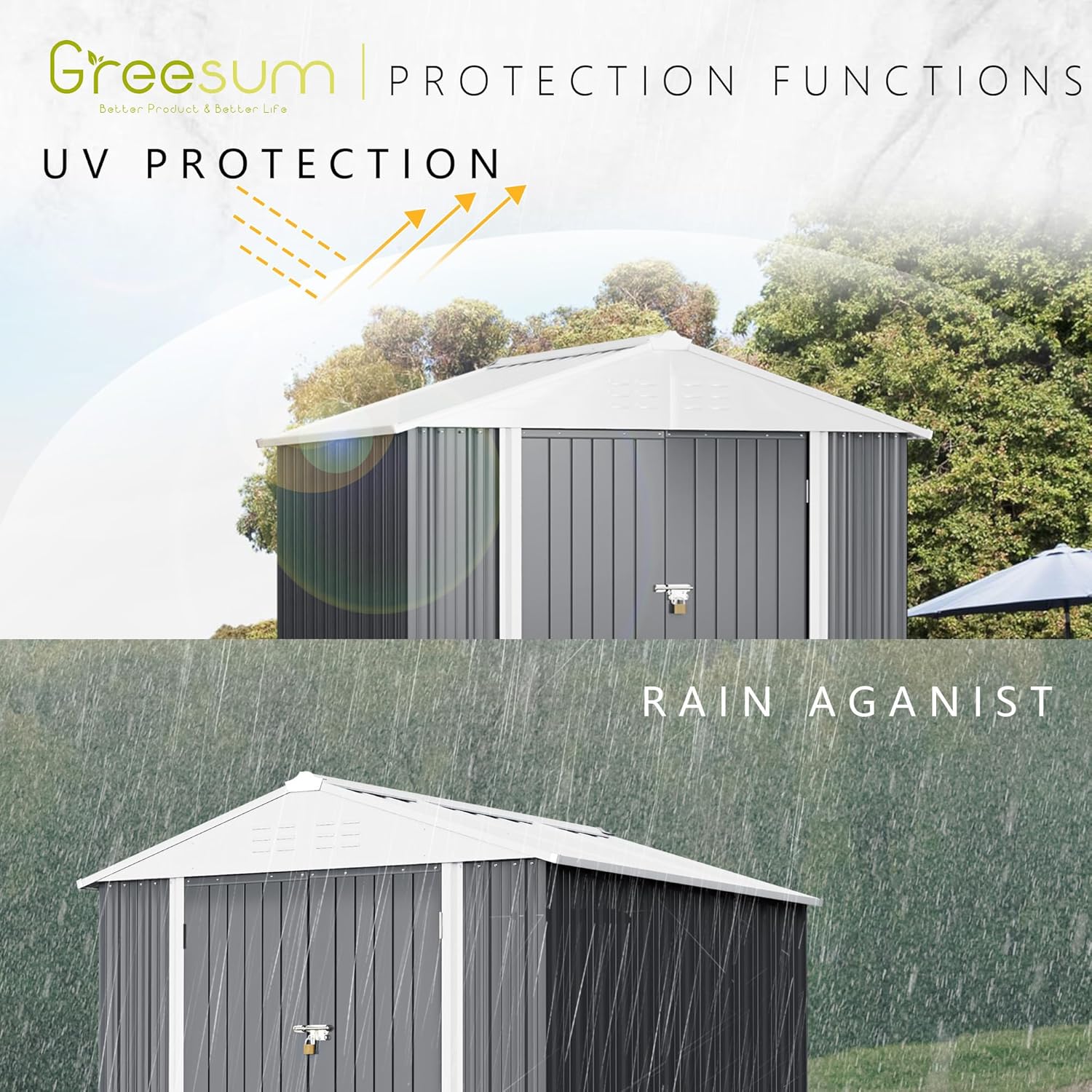 Close-up of Greesum shed features: plastic cover, rubber sleeve, metal substrates, door locks