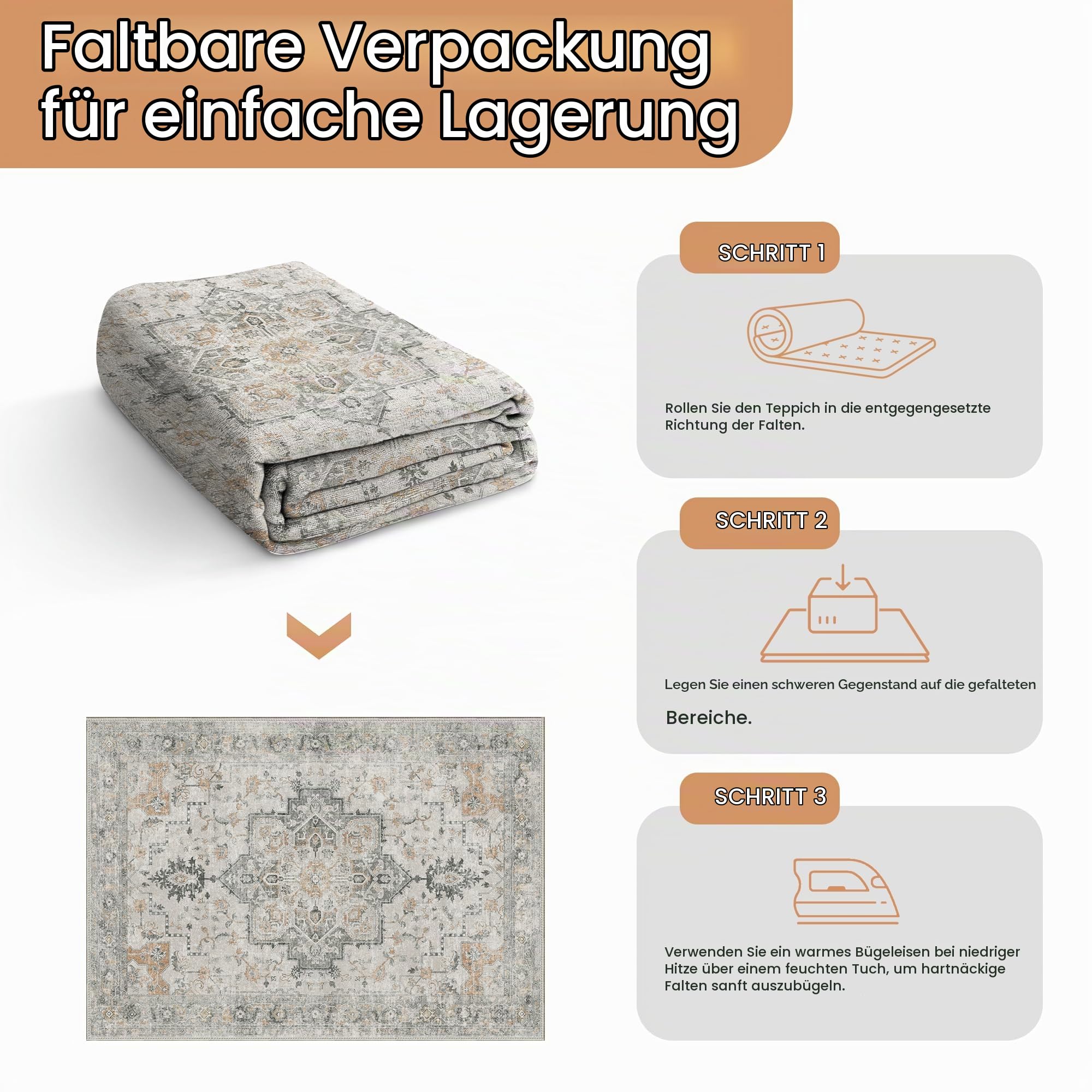GENIMO Vintage Groß Beige Teppich Wohnzimmer 180x270cm Waschbar – Ansicht 5