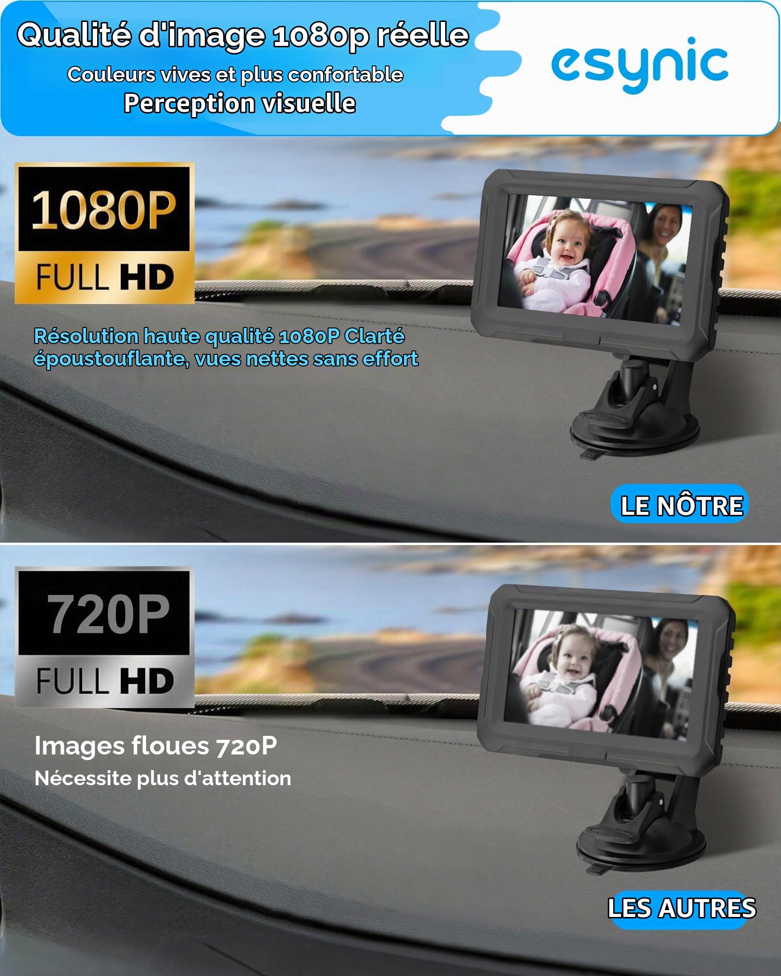 eSynic Miroir Voiture Bébé HD 1080P Rotation à 360 Retroviseur Voiture Bebe avec Lampe Infrarouge de Vision Nocturne Support Adhésif Solide Miroirs Auto Bébés Alimentation par USB Installation Facile
