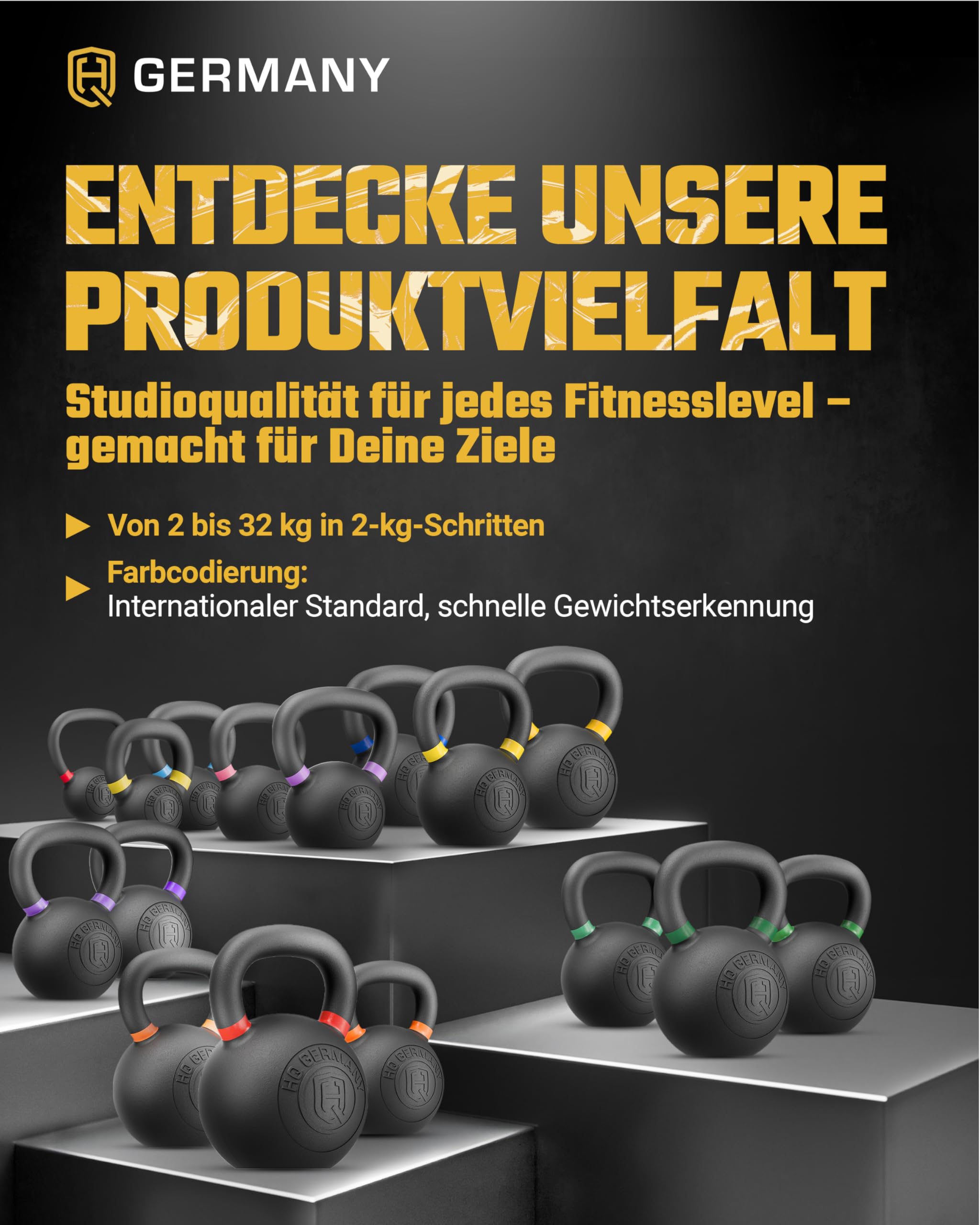 HQ Germany® Kettlebell Powdercoat [2-32kg/Sets] - Gusseisen Kettlebell Set mit ±2% Gewichtstoleranz - Kugelhantel Gewicht, Hantel Gewichte Set, Kettle Bell, Premium Kettlebells mit Pulverbeschichtung