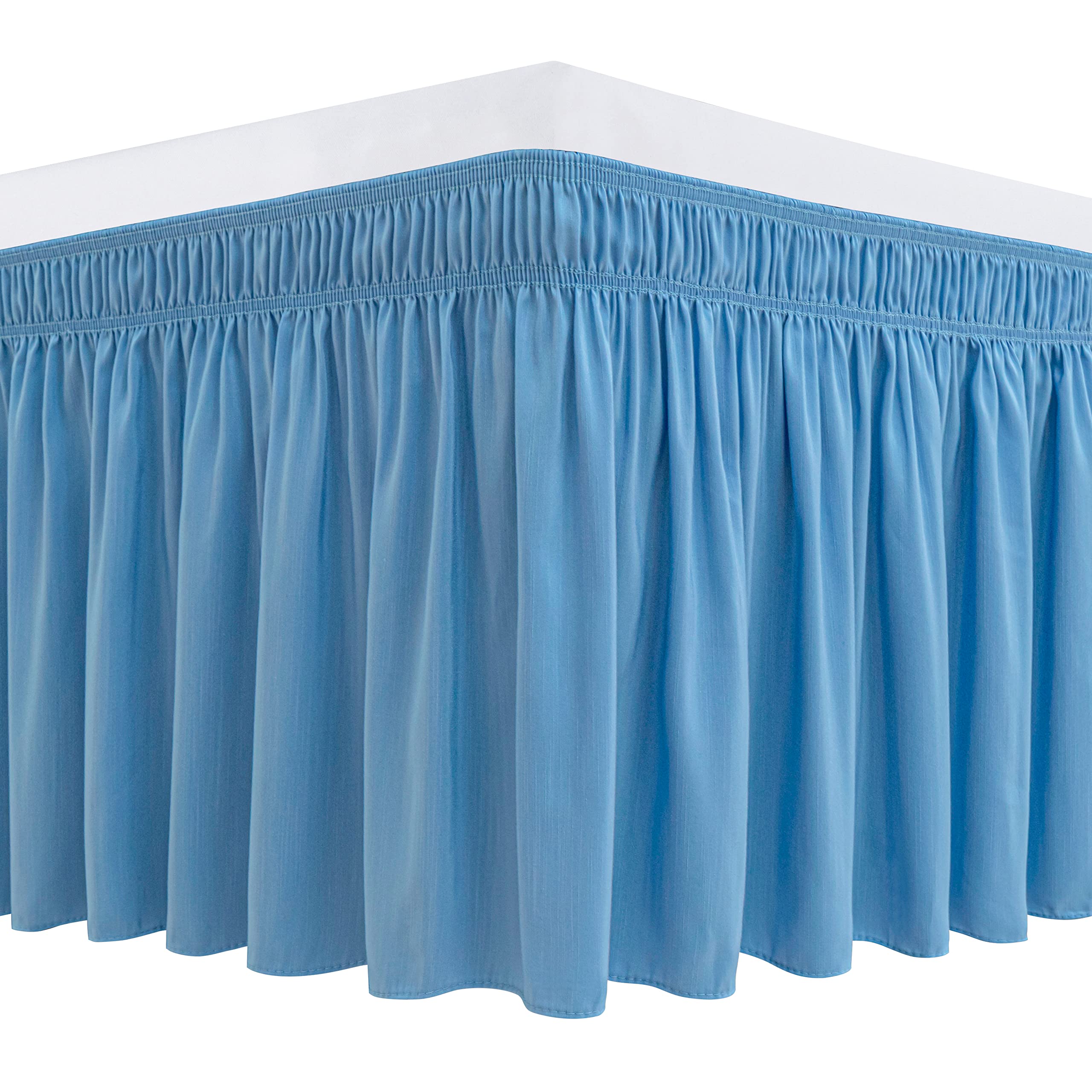 Biscaynebay Wrap Around Bed Skirts for King & Cal King Beds 15 Inches Drop, Denim Blue Elastic Dust Ruffles with Adjustable Belts Silky Luxrious Fabric Machine Washable