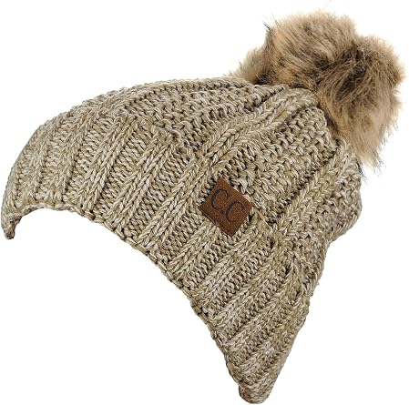 C.C Thick Cable Knit Faux Fuzzy Fur Pom Fleece Lined Skull Cap Cuff Beanie