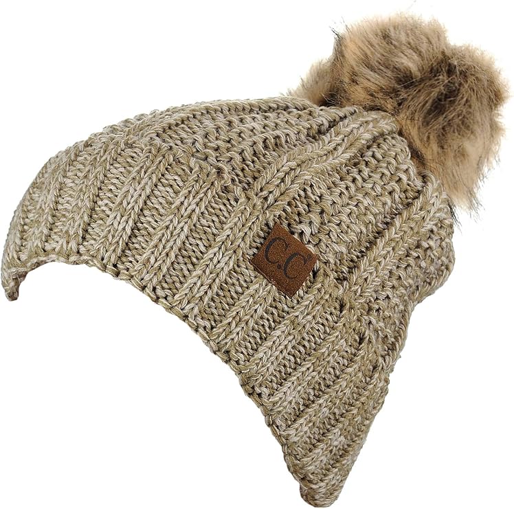 C.C Thick Cable Knit Faux Fuzzy Fur Pom Fleece Lined Skull Cap Cuff Beanie