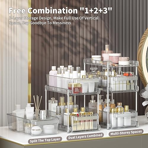 Miniatura 2 de Organizadores de baño transparentes de 3 niveles, organizador extraíble y almacenamiento con 2 tazas, contenedor de almacenamiento deslizante con 6