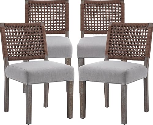 Miniatura 12 de chairus Juego de 4 sillas de comedor tapizadas, sillas de comedor de granja, sillas de cocina beige con respaldo de cuerda de tejido bajo, sillas