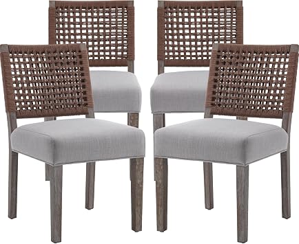 chairus upholstered Dining Chairs Set of 4, Boho Coastal Dining Room Chairs with Brown Walnut Woven Rope Back Gray-Brown Washed Wood Leg Modern Farmhouse Wooden Kitchen Side Chairs, Gray Linen Seat