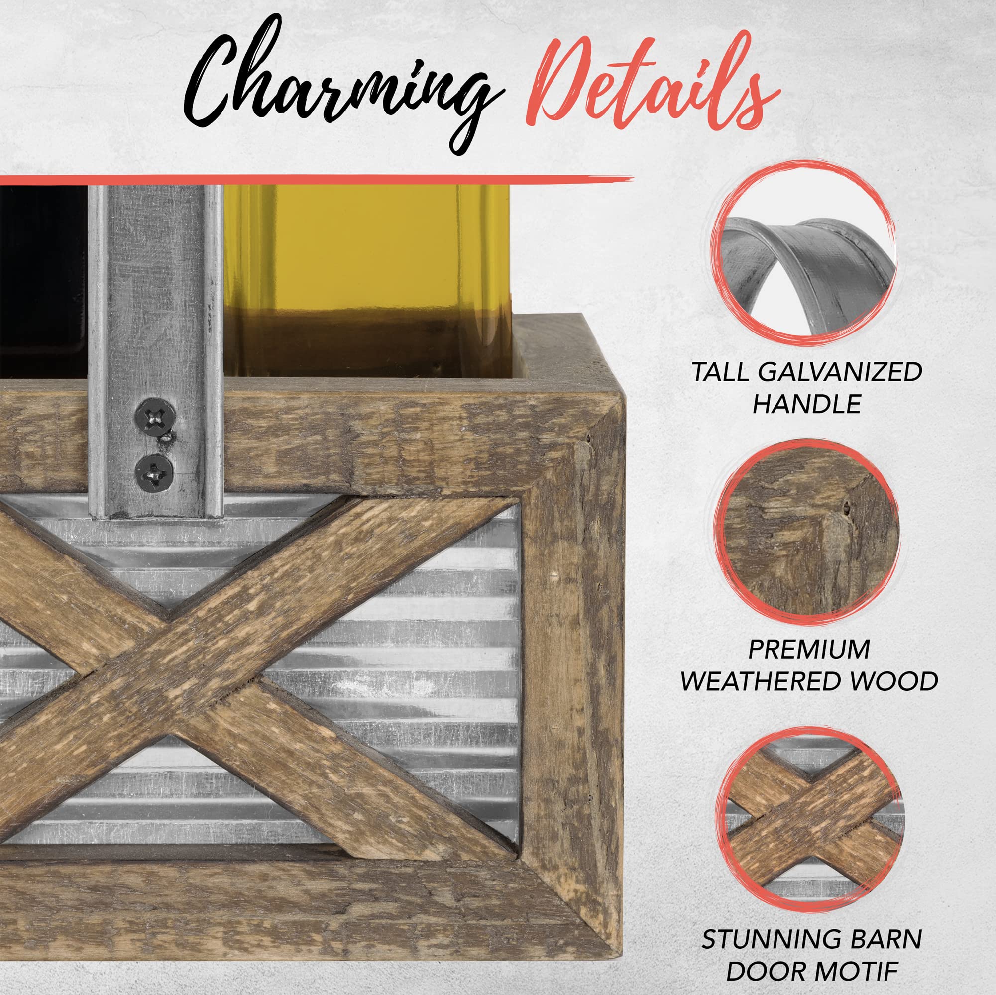 Autumn Alley Rustic Farmhouse - Juego de dispensador de aceite y vinagre – Juego de soporte para aceite y vinagre, juego de madera desgastada, metal galvanizado, adorable decoración rústica de cocina,