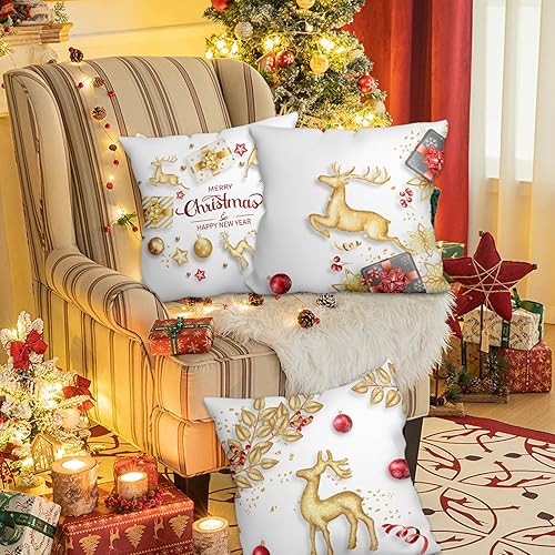 Miniatura 4 de WSZBDY Juego de 4 fundas de almohada de Navidad, copos de nieve de oro blanco, decoración de Navidad, renos, 18 x 18 pulgadas, juego de 4 adornos de