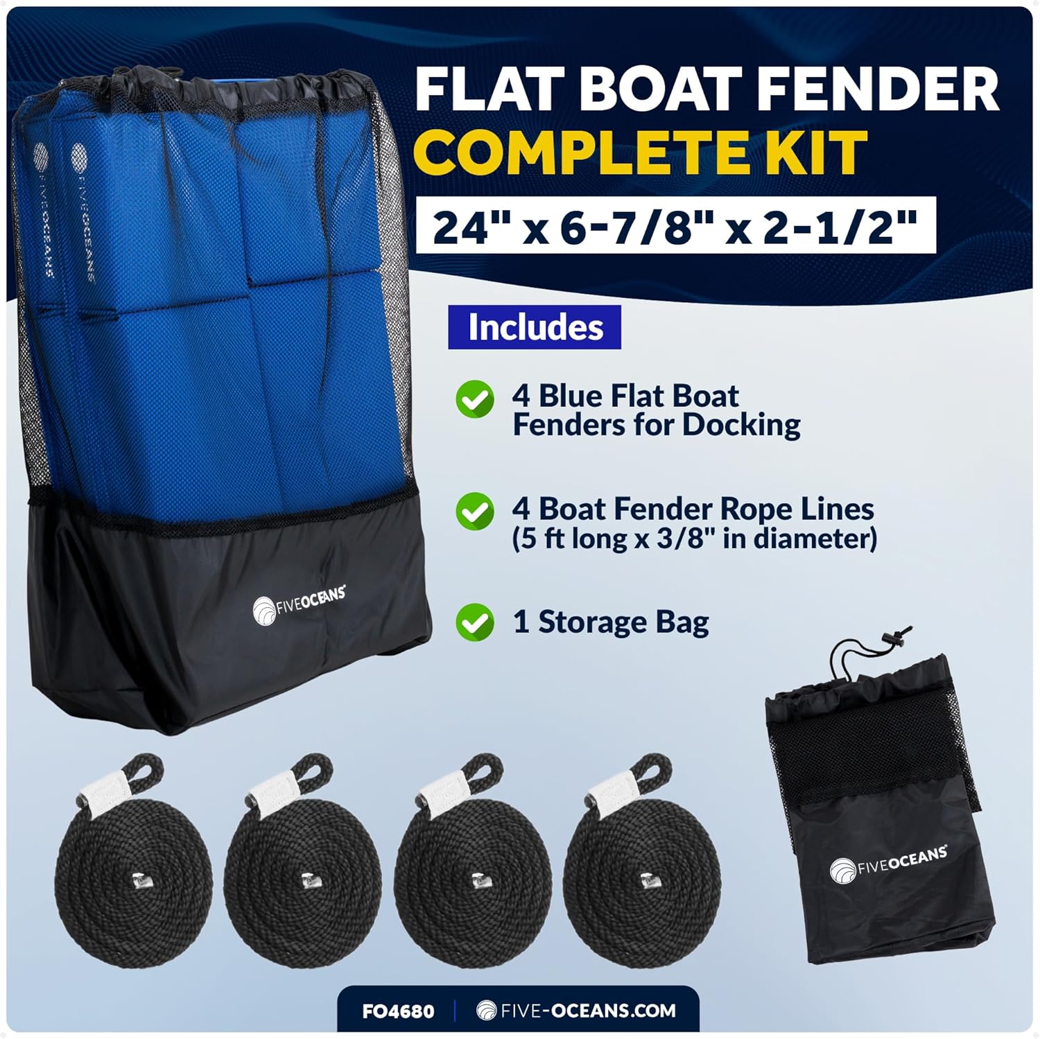 Five Oceans Contour Flat Boat Fender, 24-Inch Boat Bumper with 3/8" x 5' Fender Line, Waterproof PVC Fabric, Multiple Colors & Pack Options