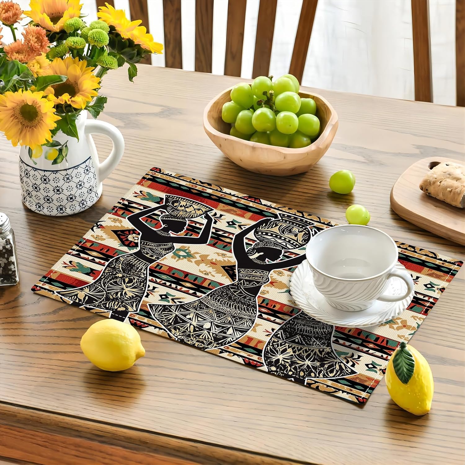 Southwestern Placemats Set of 6, African Woman Place Mats, Rustic Dancing Women with Pot on The Head Dining Table Mats, Washable Placemats for Kitchen Dining Room 18L'' × 12W''