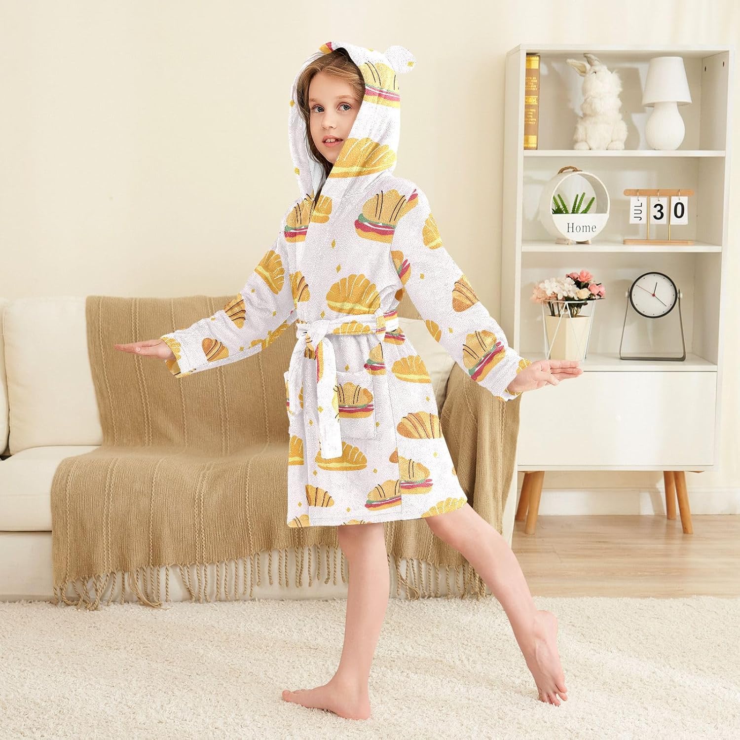 Cute Bread Cartoon Pattern Toddler Hooded Bathrobe for Boys Girls Soft Plush Bath Towel Robe 2-12 Years