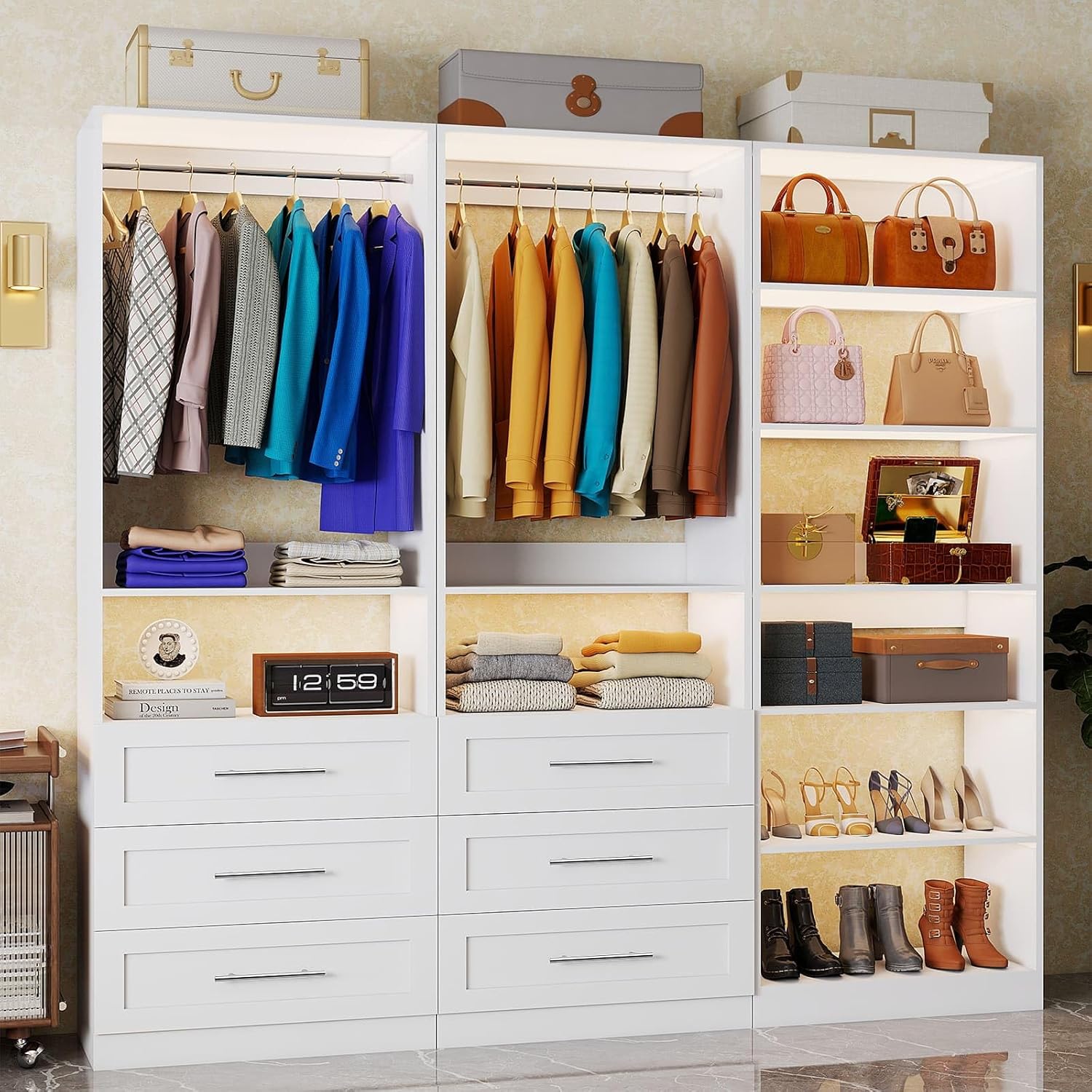 Closet System with 3Sets, 6-15.8FT Custom Closet Organizer System with 6Drawers & 8Shelves & 5Hanging Rods, Max 189"W Closet Shelving System, Modular Walk in Closet Organizers and Storage System,White