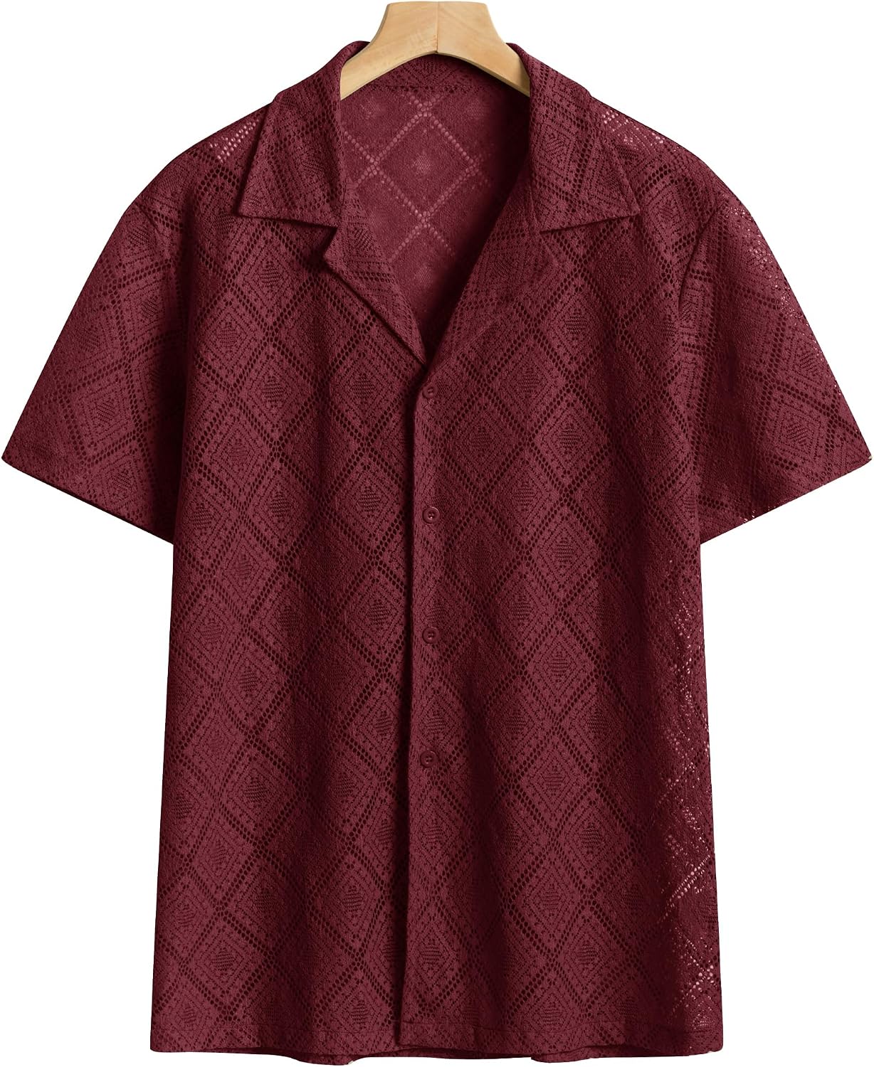 Mens Floral Lace Shirt Hollow Out Sheer See Through Short Sleeve Casual Button Down Beach Shirts