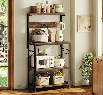 SUPERJARE Kitchen Bakers Rack with Power Outlet, Coffee Bar Table 4 Tiers, Kitchen Microwave Stand with 6 S-shaped Hooks, Kitchen Storage Shelf Rack for Spices, Pots and Pans - Rustic Brown