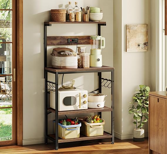 SUPERJARE Kitchen Bakers Rack with Power Outlet, Coffee Bar Table 4 Tiers, Kitchen Microwave Stand with 6 S-shaped Hooks, Kitchen Storage Shelf Rack for Spices, Pots and Pans - Rustic Brown