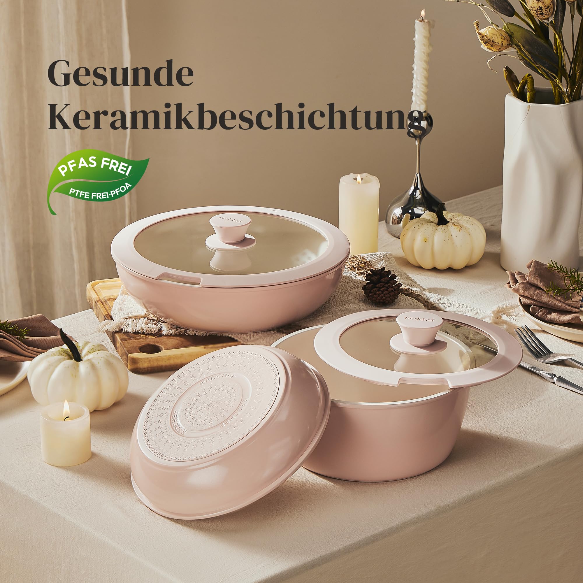 Redchef Set di pentole da 16 pezzi, antiaderente in ceramica, con manico rimovibile, padella da 20/26 cm, padella da 26 cm, pentola da 18/20 cm, impilabile per tutti i piani cottura, adatto al forno