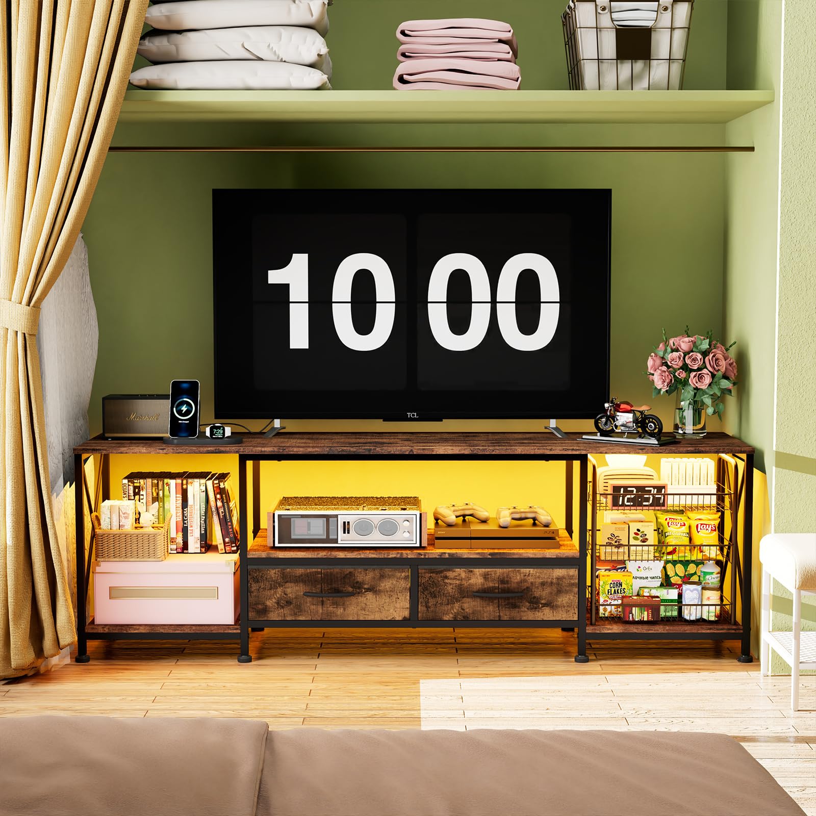 Meuble TV avec Lumières LED Armoire de Télévision avec Prise Meuble Télé de Salon per Téléviseur 75 Pouces 180cm Banc TV Armoire Basse per Salon, Chambre Marron