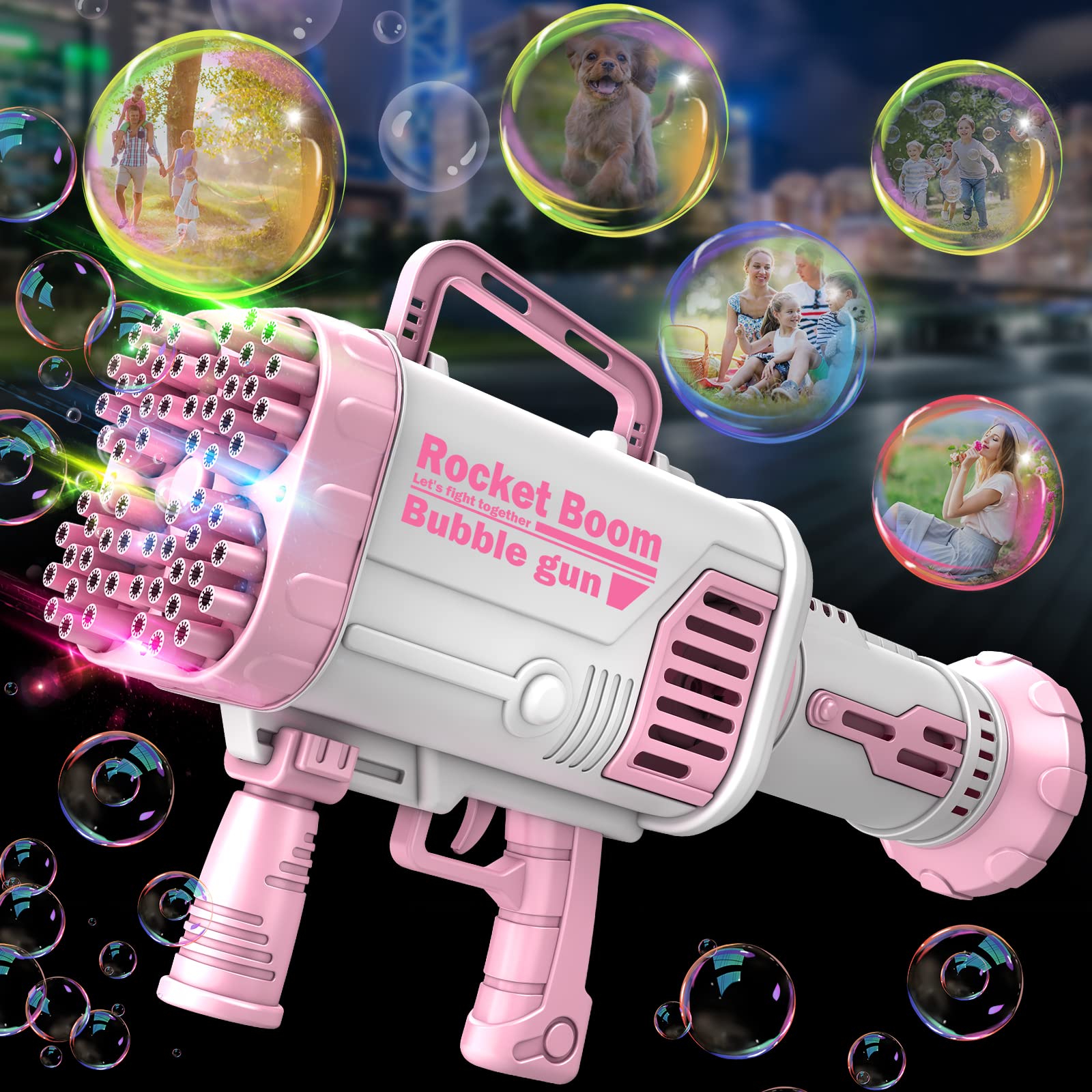 Photo 1 of AZfiner Bubble Machine Gun - 64 Holes Bubble Machine with Lights Electric Bubble Maker with Bubble Solution Bubble Blower Summer Toys for Kids Bubble Guns for Wedding Birthday Party - Pink