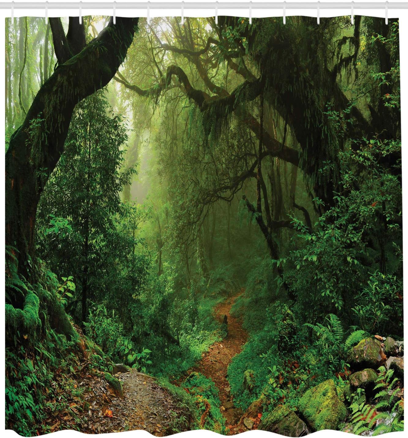 Ambesonne Rainforest Shower Curtain, Forest in Nepal Touristic Trekking Branches Misty Road Fresh Air Outdoors Theme, Cloth Fabric Bathroom Decor Set with Hooks, 69" W x 75" L, Brown Green