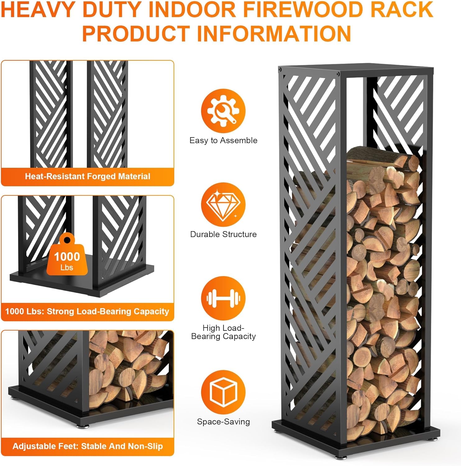 4ft Firewood Rack, Wood Stacker Firewood Outdoor, Black Metal, 1000 lbs Capacity, Indoor Decorative Wood Holder for Woodshed, Storeroom, Patio, Basement (Diagonalslot)
