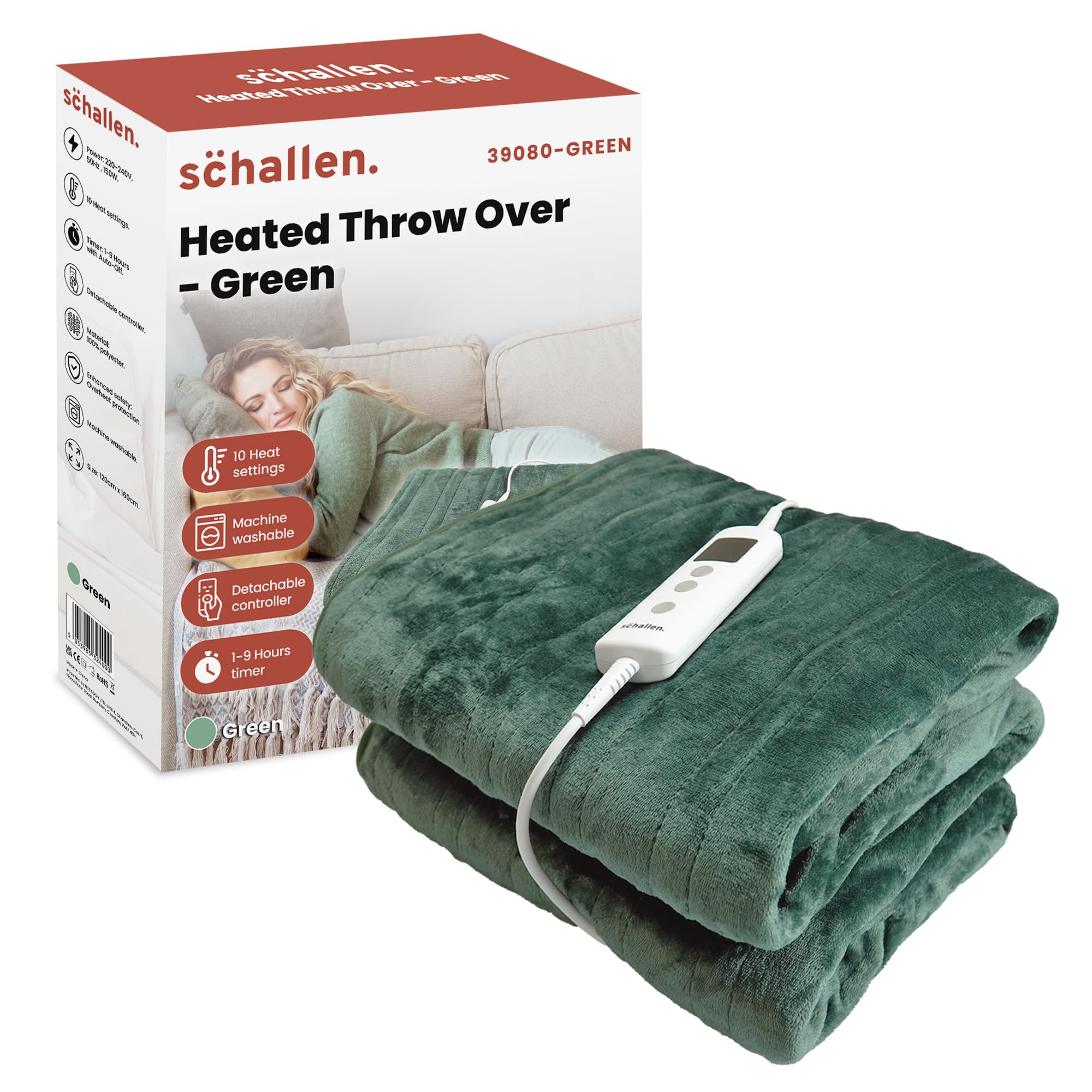 Schallen Forest Green 120X160cm Soft Heated Warm Throw Over Blanket With Timer And 10 Heat Settings (Forest Green)