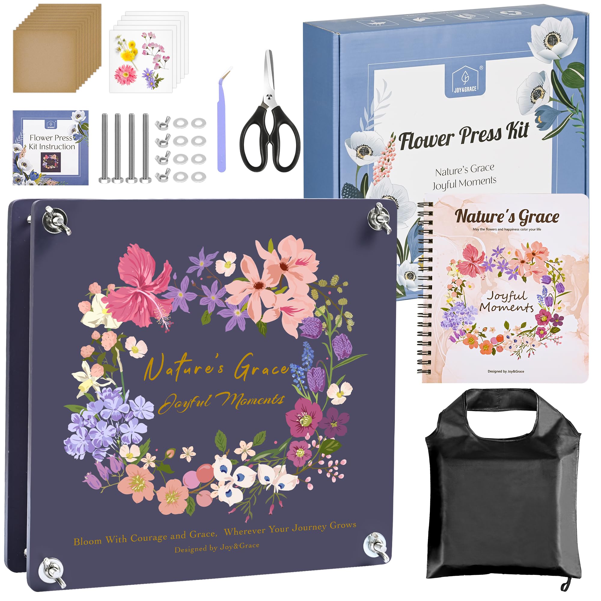 Joy&Grace Juego de prensa de flores grande de 27,7 x 27,7 cm para adultos, prensa de plantas de 10 capas con cubierta, álbum de prensa de flores DIY y kit de herramientas secas para almacenamiento de