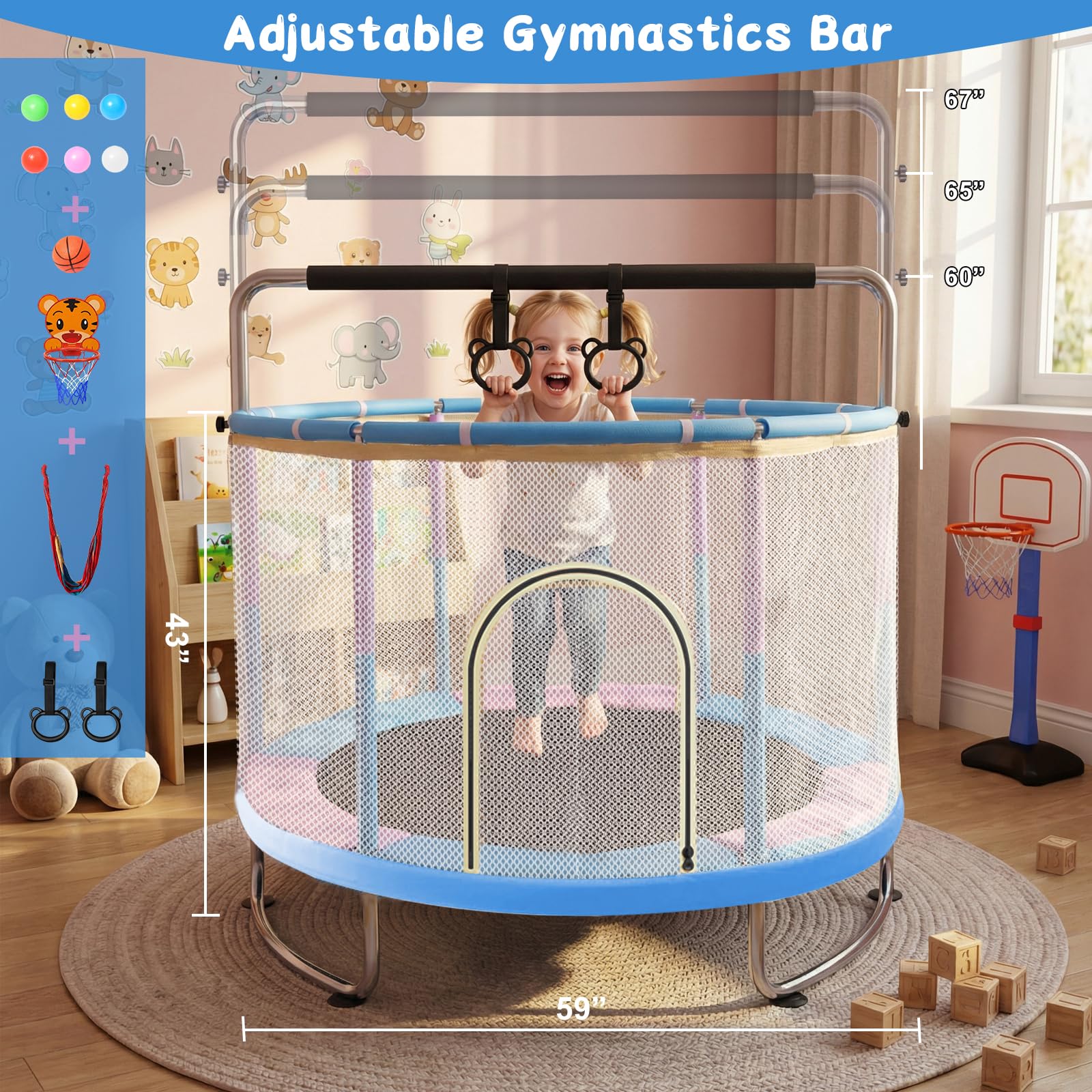 Trampoline de 1,5 m pour Enfants de 3 à 14 Ans - avec Balançoire, Barre de Gymnastique & Panier de Basket - Adaptée Intérieur et Extérieur.