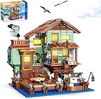 Vista 10 de Fishing Village Store - Juego de construcción de casa con luz LED, 1881 piezas de bloques de construcción de cabaña de madera, kit de juguetes