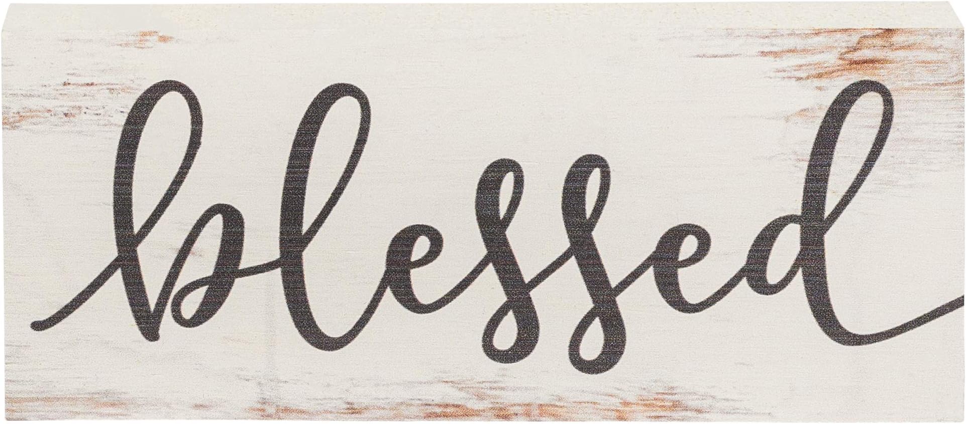 Blessed Script Design White Wash 6 x 2.5 Inch Solid Pine Wood Farmhouse Stick Sign 3 x 6