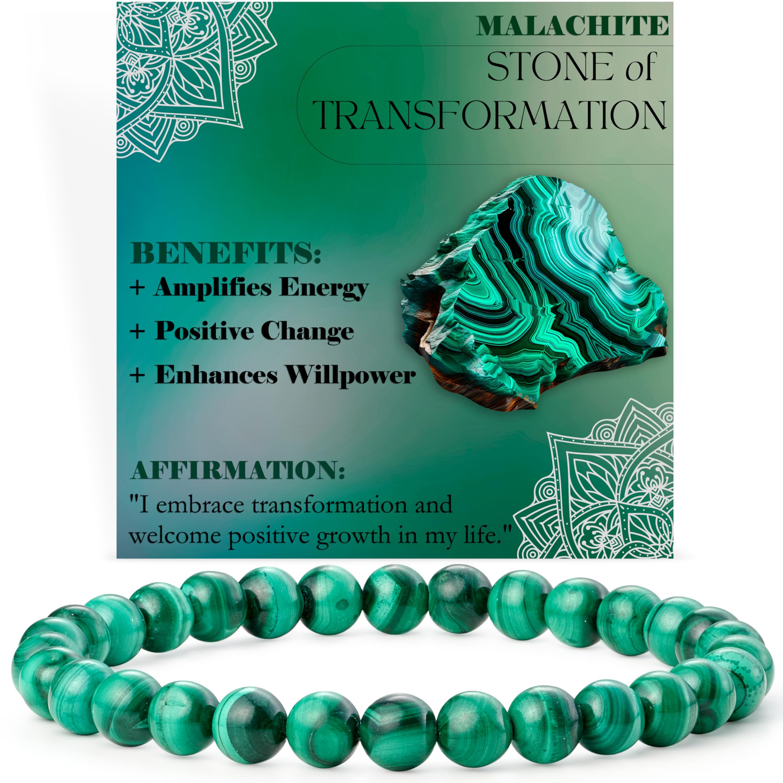 BiveiMalachite - Transformation - 6mm Beaded Bracelets for Women Handmade Semi Precious Natural Stone Stretch Elastic Jewelry Yoga Protection Gifts