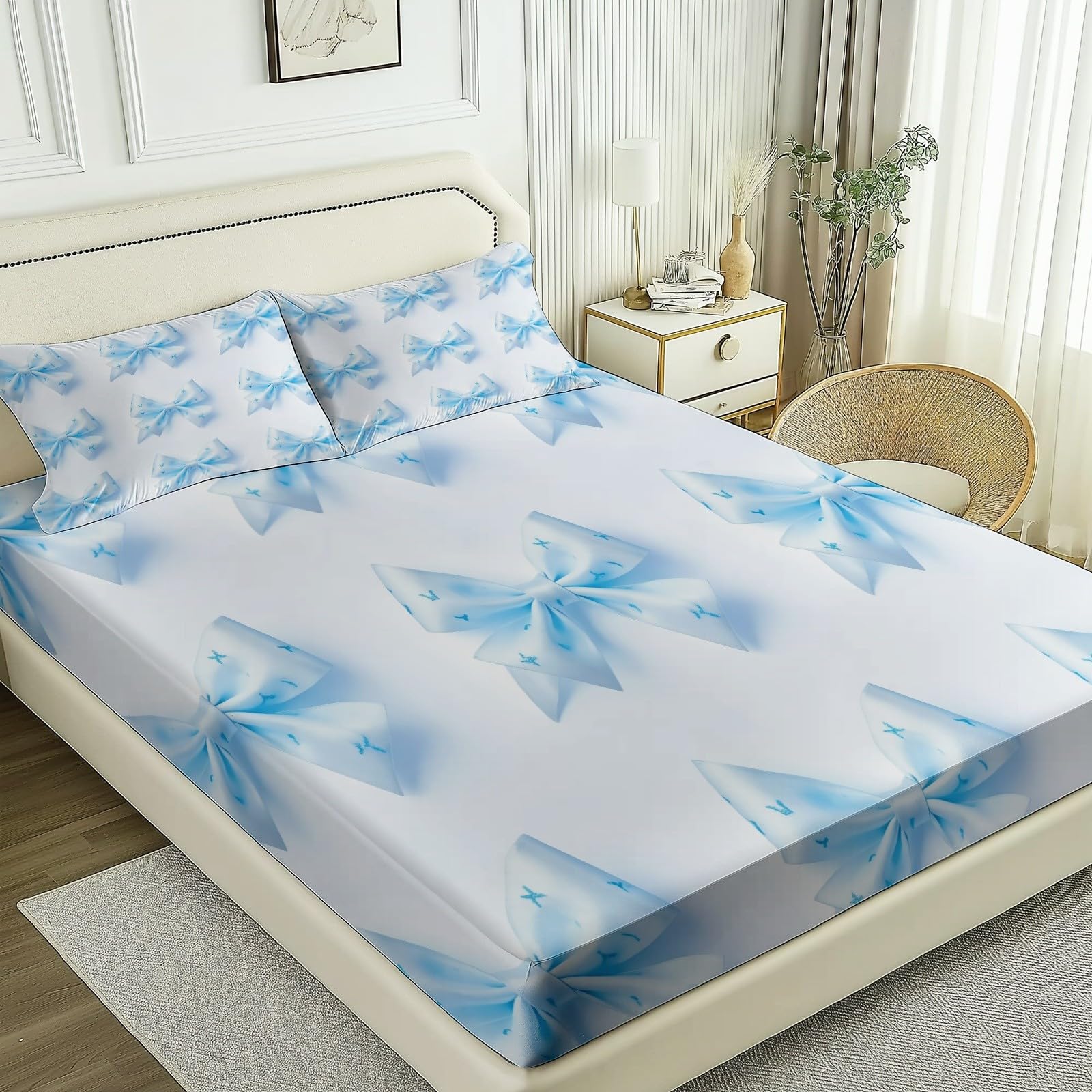 Fitted Sheets 180 x 200 Weiche Luxus Microfaser Bogen, frisch, blau für Kinder & Erwachsene, Bedrucktes Spannbettlaken Bettlaken Set,Geeignet für Matratzen bis 31cm blau und weiß