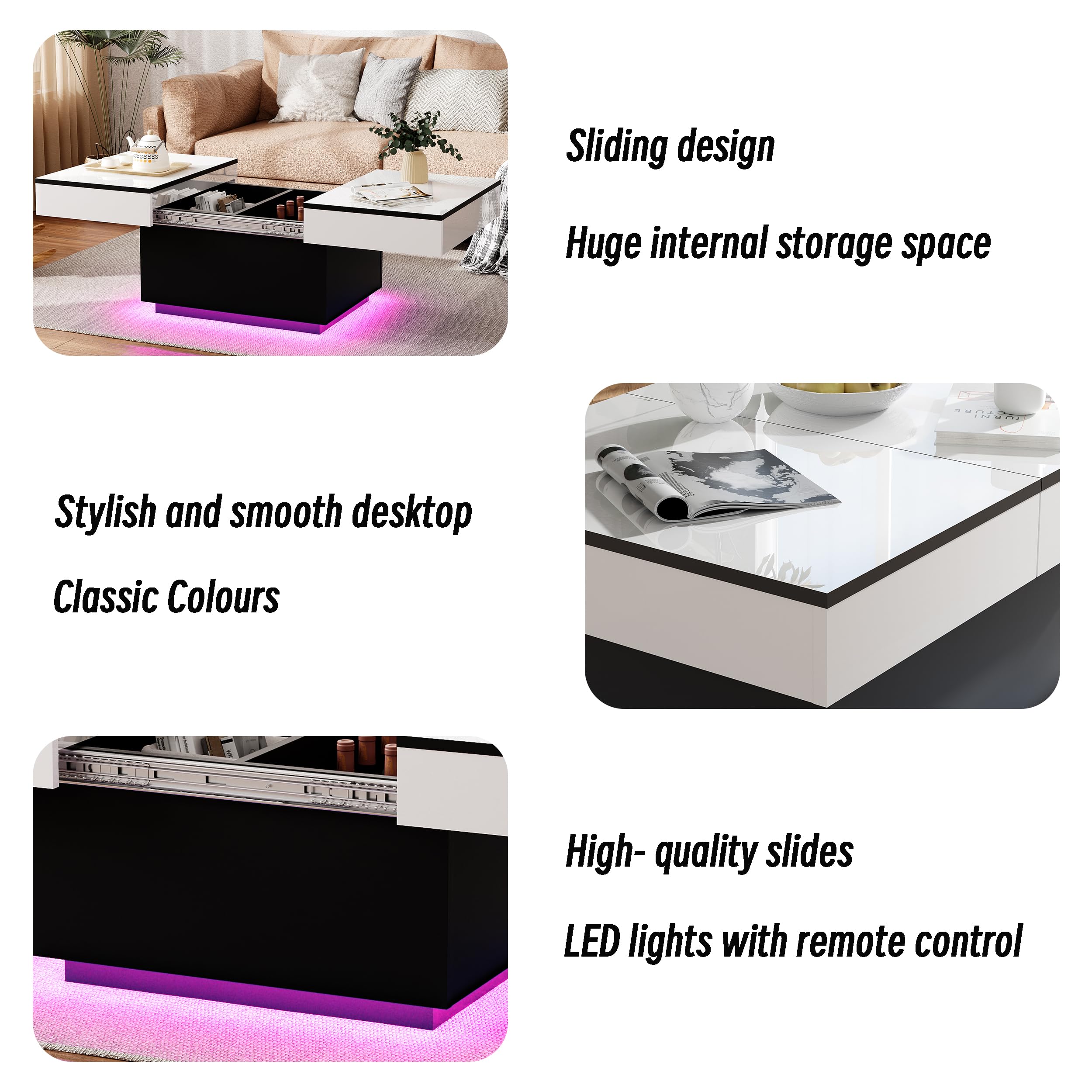 MSFE Table Basse LED Coulissante pour Salon avec 20 Couleurs de Lumières, 2 Espaces de Rangement, Finition Haute Brillance, 80 * 58 * 40 cm