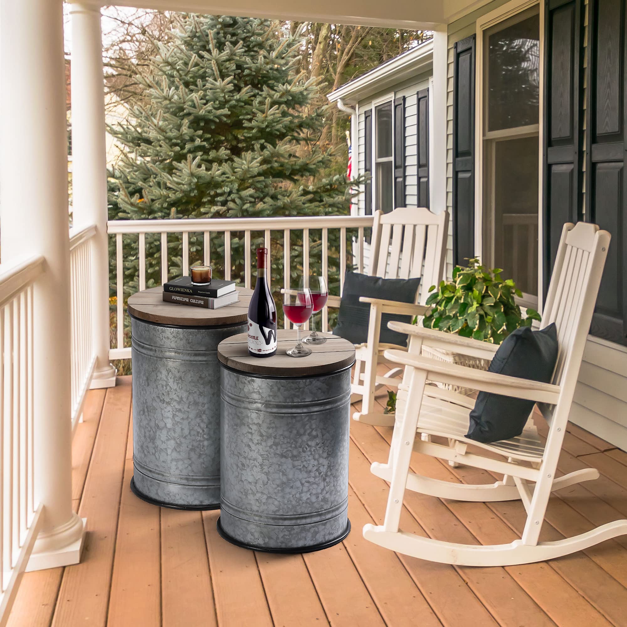 RUSTOWN Farmhouse Accent Side Table, Set of 2 Galvanized Storage Ottoman | Antique Metal Bin with Round Wooden Lid, Accent Side Table, Cocktail Table Nesting Pieces for Living Room, Bedroom, Outdoor