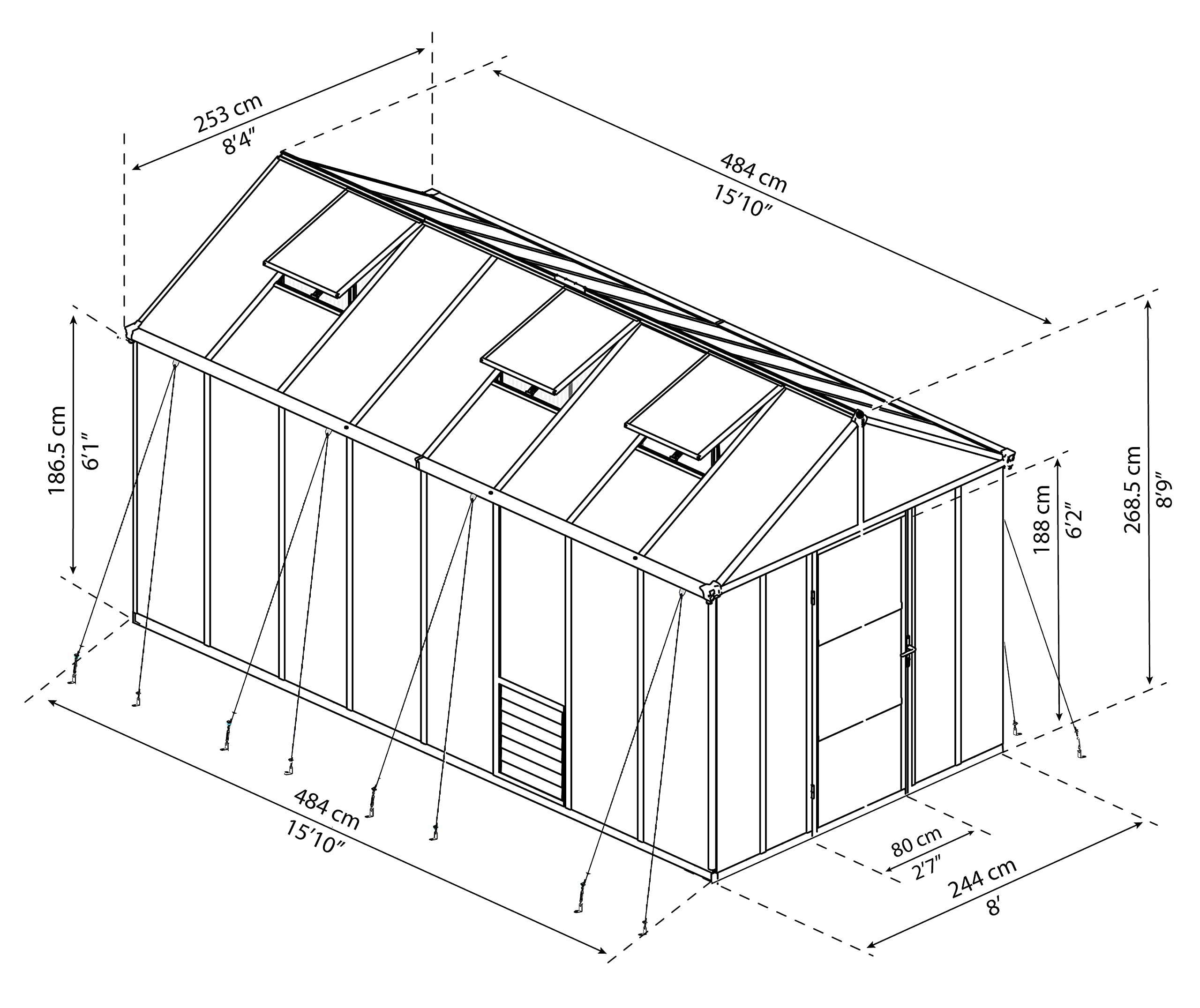 Palram Glory Gewächshaus - 10 mm Polycarbonat & extra dicker Aluminiumrahmen - Die solide Wahl des Gärtners, grau, 483.5 x 244.5 x 268.5 cm