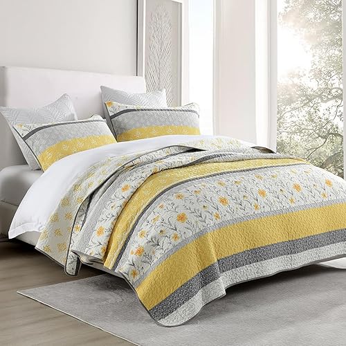 Miniatura 9 de Finlonte Juego de edredón de otoño King, edredón de 100 % algodón, colcha de tamaño King, colcha acolchada a rayas florales, edredón reversible