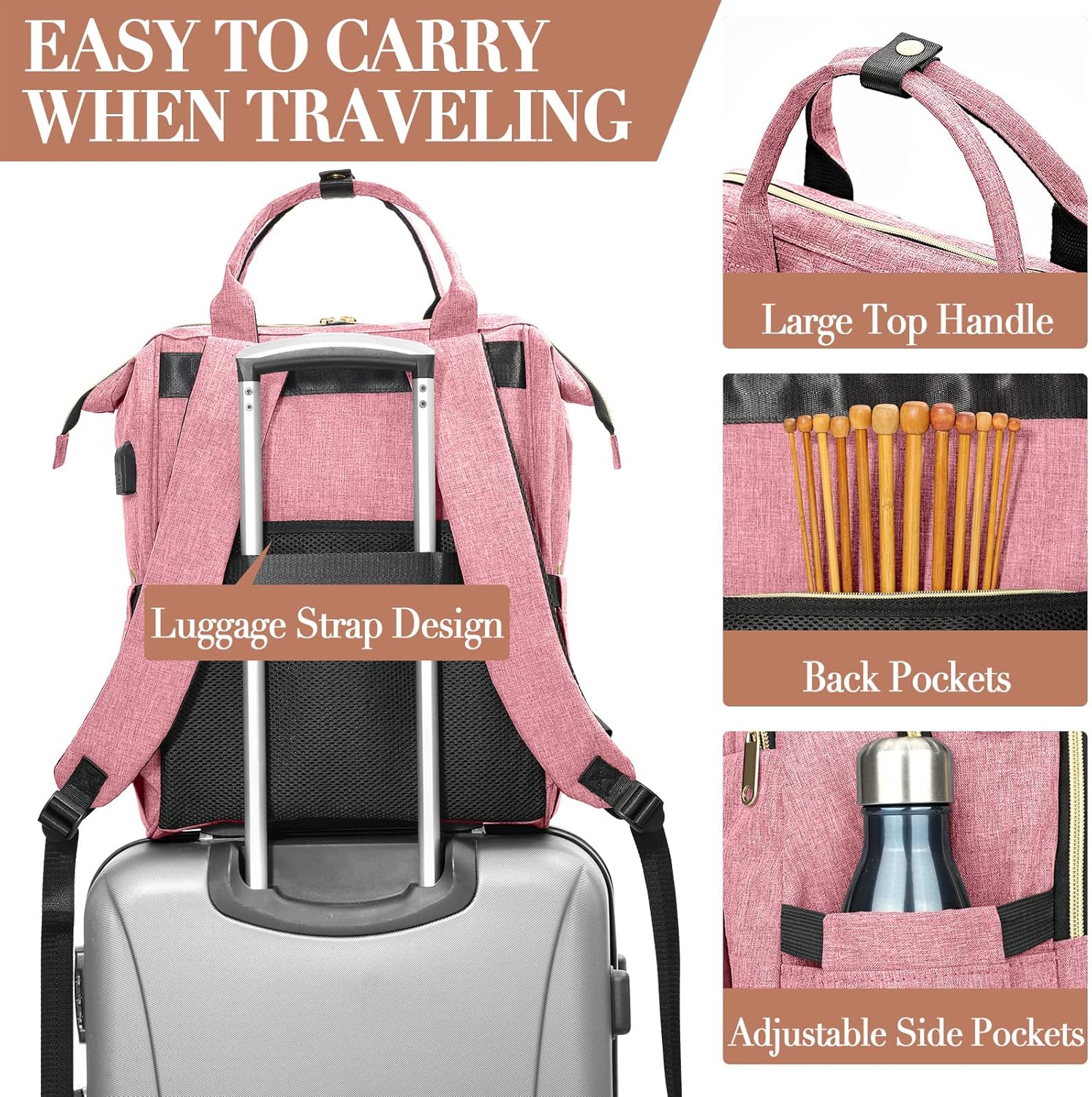 Kuosdaz Knitting Bag Backpack, Crochet Bag Tote, Yarn Organizer with USB Charging Port, Christmas Gifts Large Travel Crochet Storage Tote for Crochet Hooks, Knitting Needles, Yarn Supplies, Pink