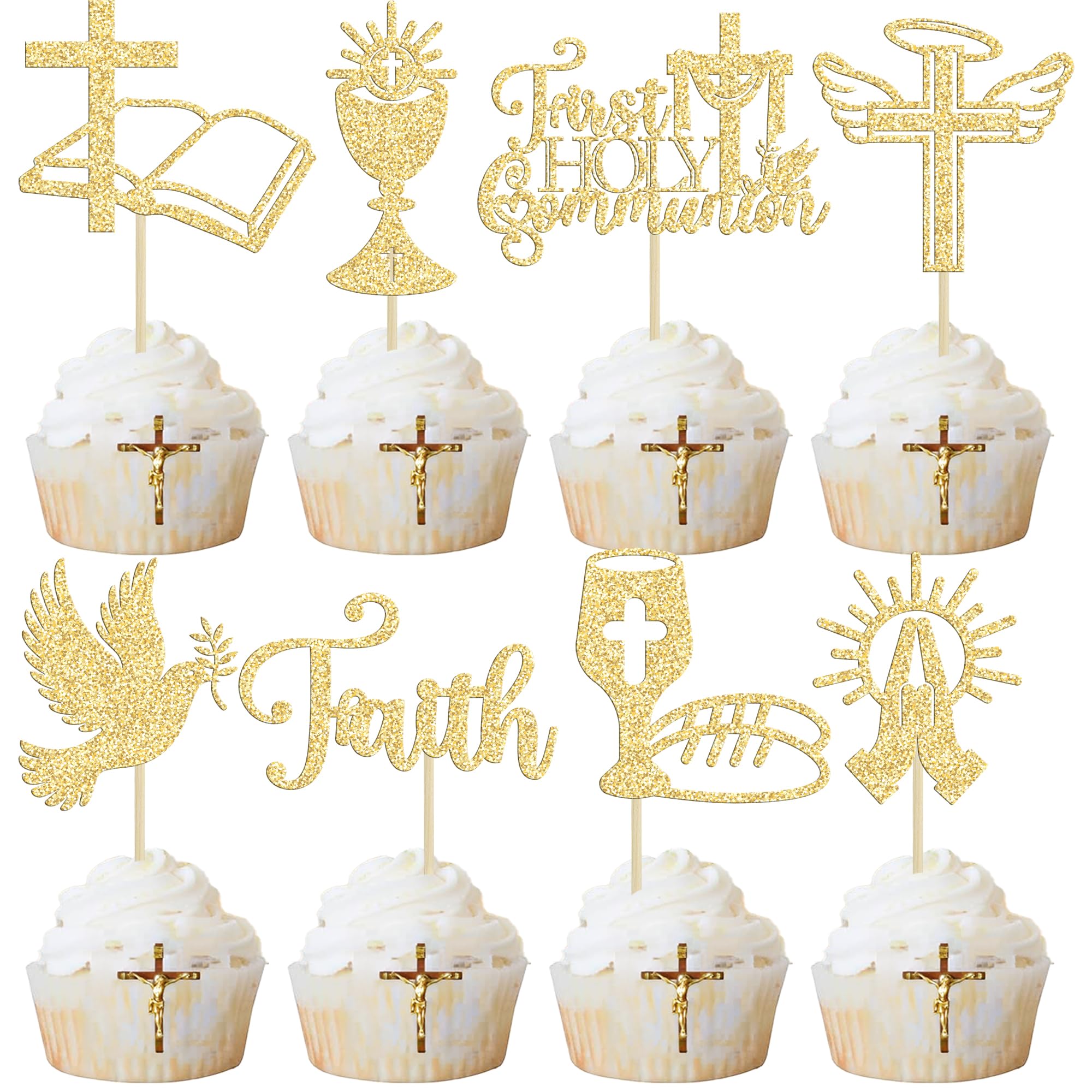 Ephlyn 32Pcs First Holy Communion Cupcake Toppers Glitter Dove God Bless Cross Cupcake Picks for First Communion Baby Shower Baptism Theme Party Cake Decorations Gold