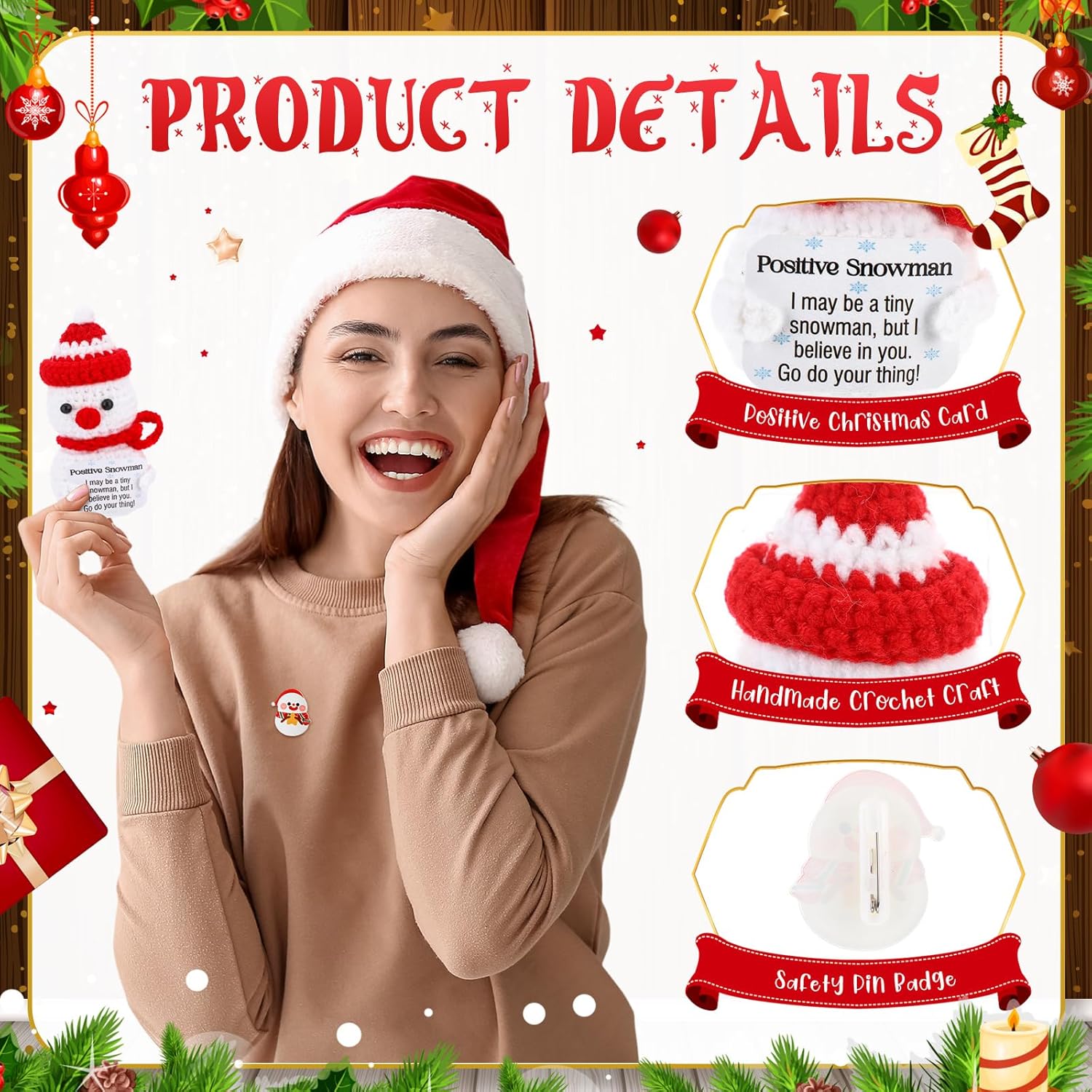 6 Pcs Christmas Mug Gift Set 13.5 oz Snowman Christmas Coffee Mug with Lid Fuzzy Socks Red Spoons Crochet Doll Keychains Acrylic Badge for Women Men White Elephant Birthday Xmas Gifts - Image 5