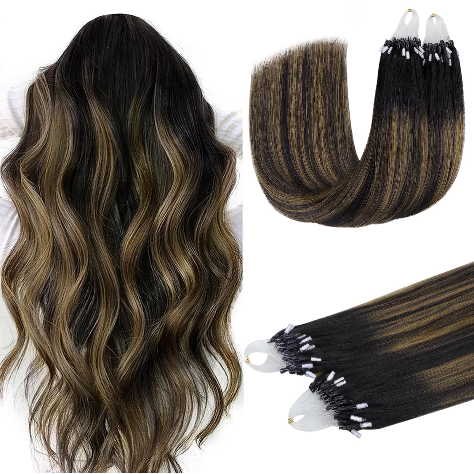 DOORES Micro Hair Extensions Real Human Hair, Natural Black Mixed Chestnut Brown 22 Inch 50g 50s