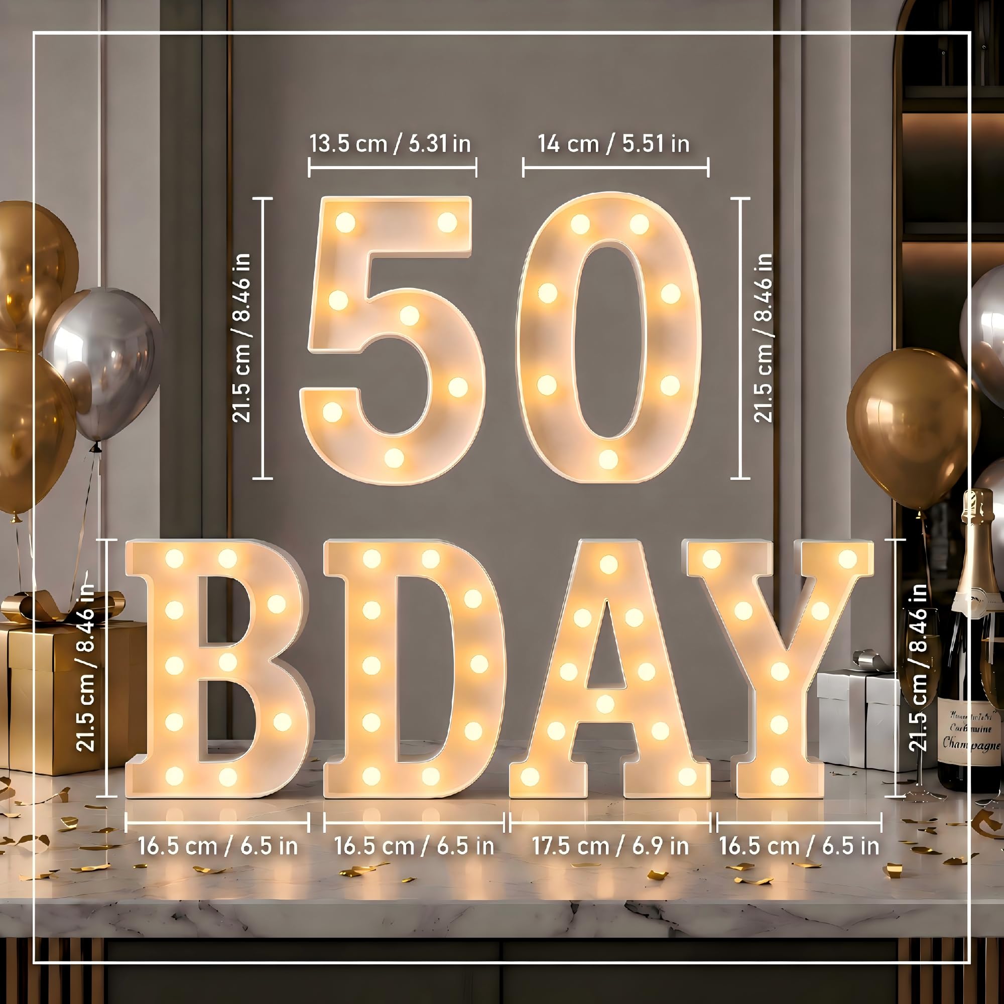 Dekoration zum 50. Geburtstag für Damen und Herren, 6 lange LED-Lampen, Leuchtbuchstaben "50 BDAY" für Partydekoration